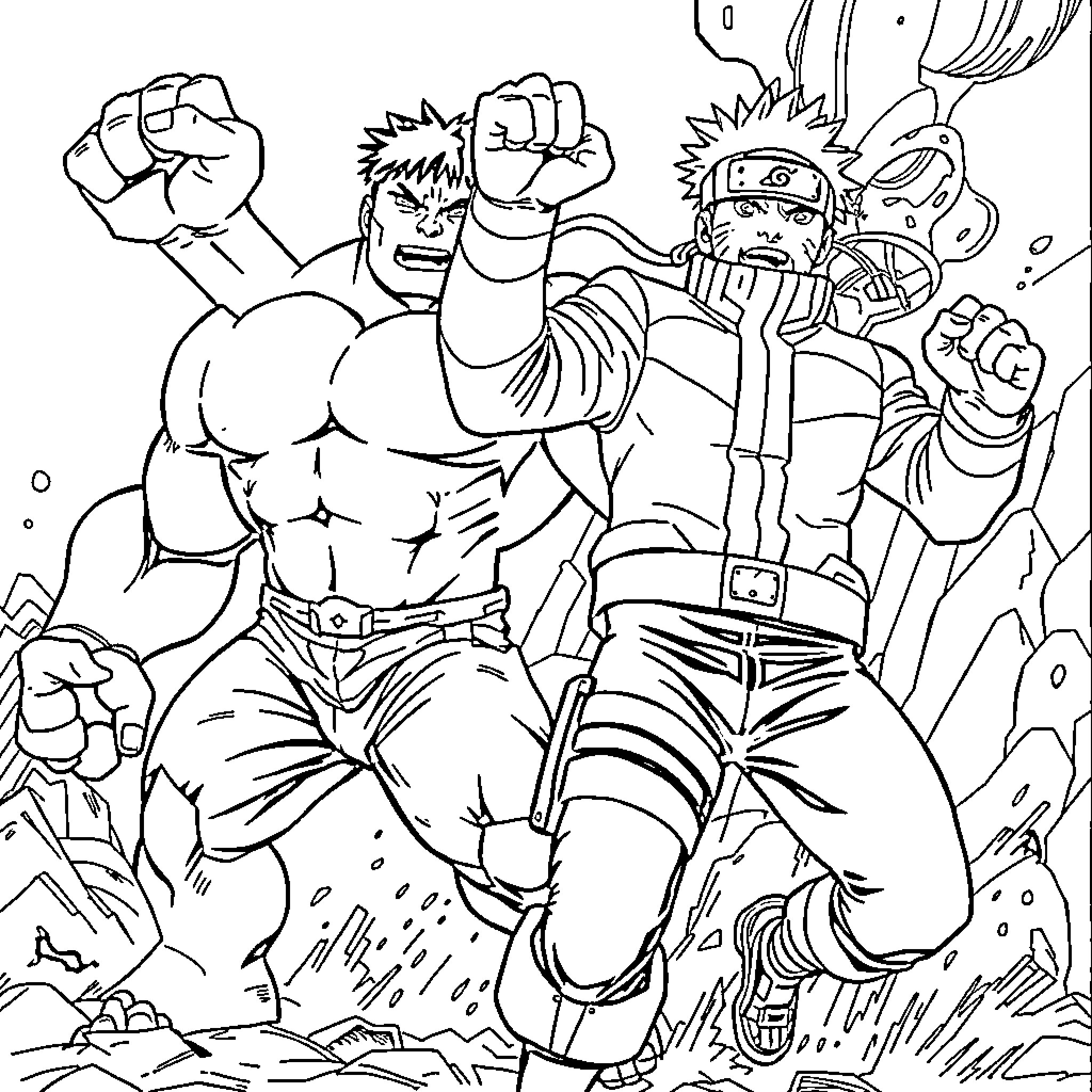 Hulk Battles Ferocious Foes in Epic Showdown Coloring Page (free black-and-white line drawing printable PDF for all, from beginners to advanced learners, including children, teens, adults, and seniors)