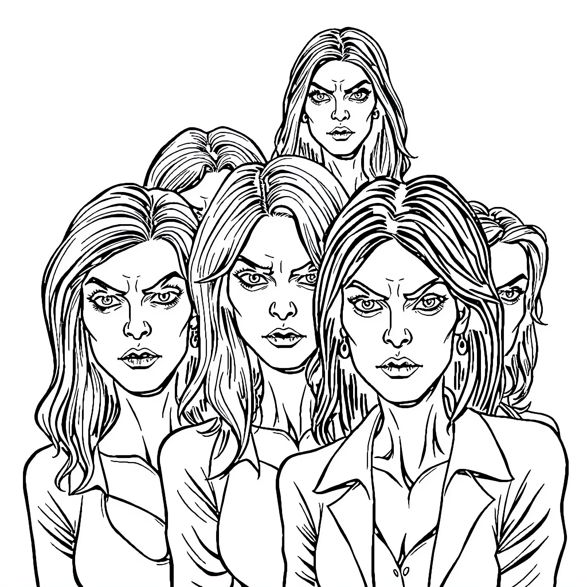 Woman in serious expressions with long hair Coloring Page (free black-and-white line drawing printable PDF for all, from beginners to advanced learners, including children, teens, adults, and seniors)