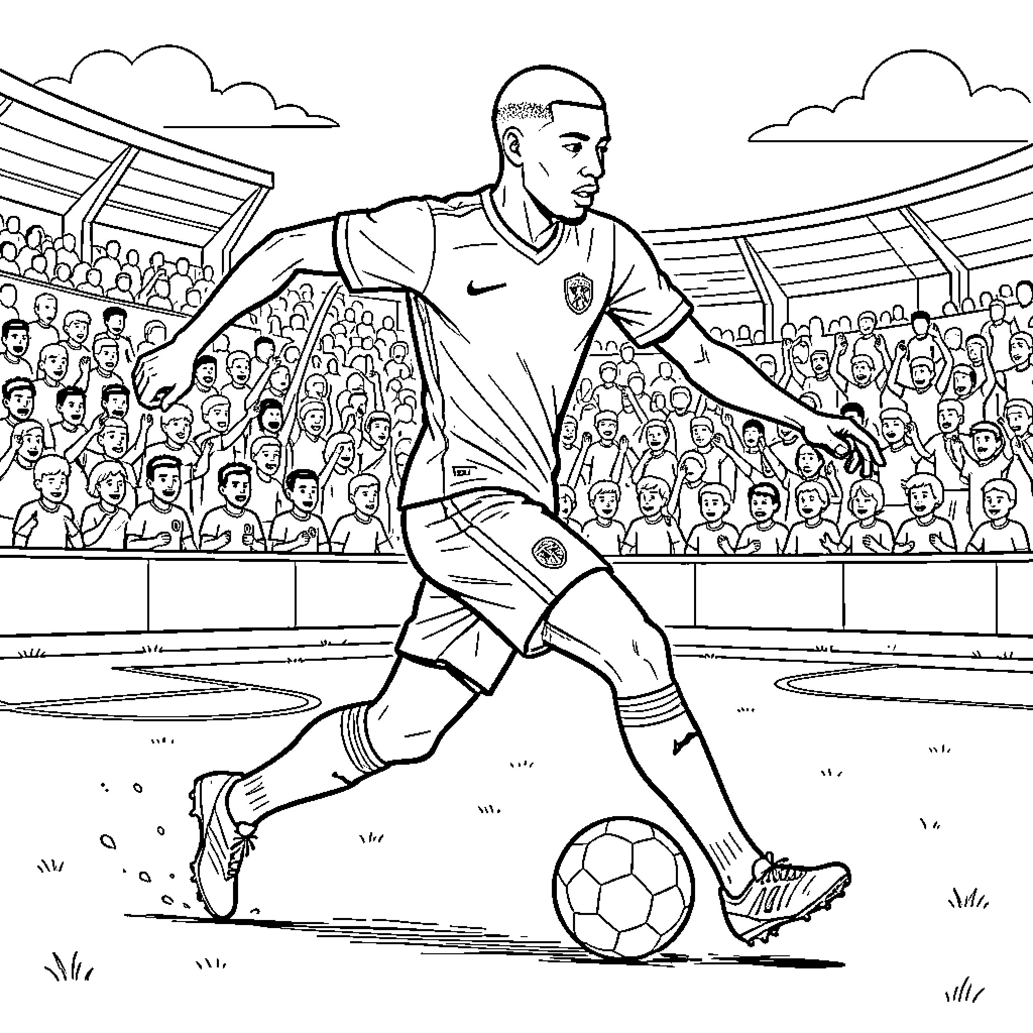 Mbappe dribbling a soccer ball in a stadium Coloring Page (free black-and-white line drawing printable PDF for all, from beginners to advanced learners, including children, teens, adults, and seniors)