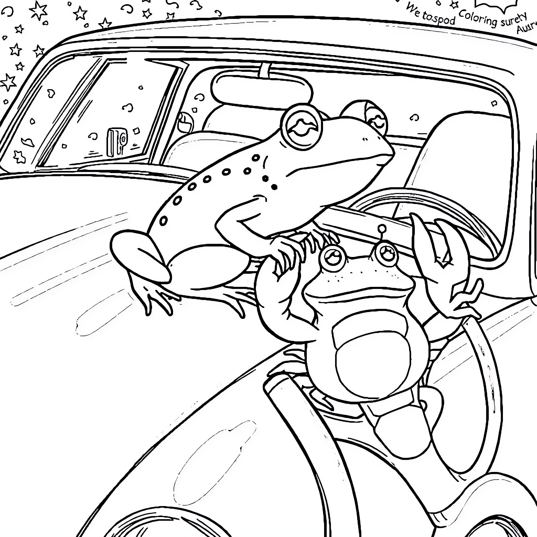 Frog driving a car with stars Coloring Page (free black-and-white line drawing printable PDF for all, from beginners to advanced learners, including children, teens, adults, and seniors)
