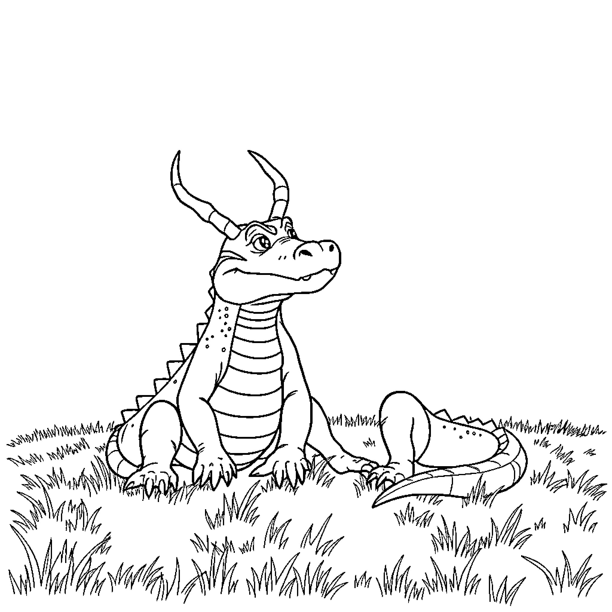 Loki the dragon sitting peacefully in the grass Coloring Page (free black-and-white line drawing printable PDF for all, from beginners to advanced learners, including children, teens, adults, and seniors)