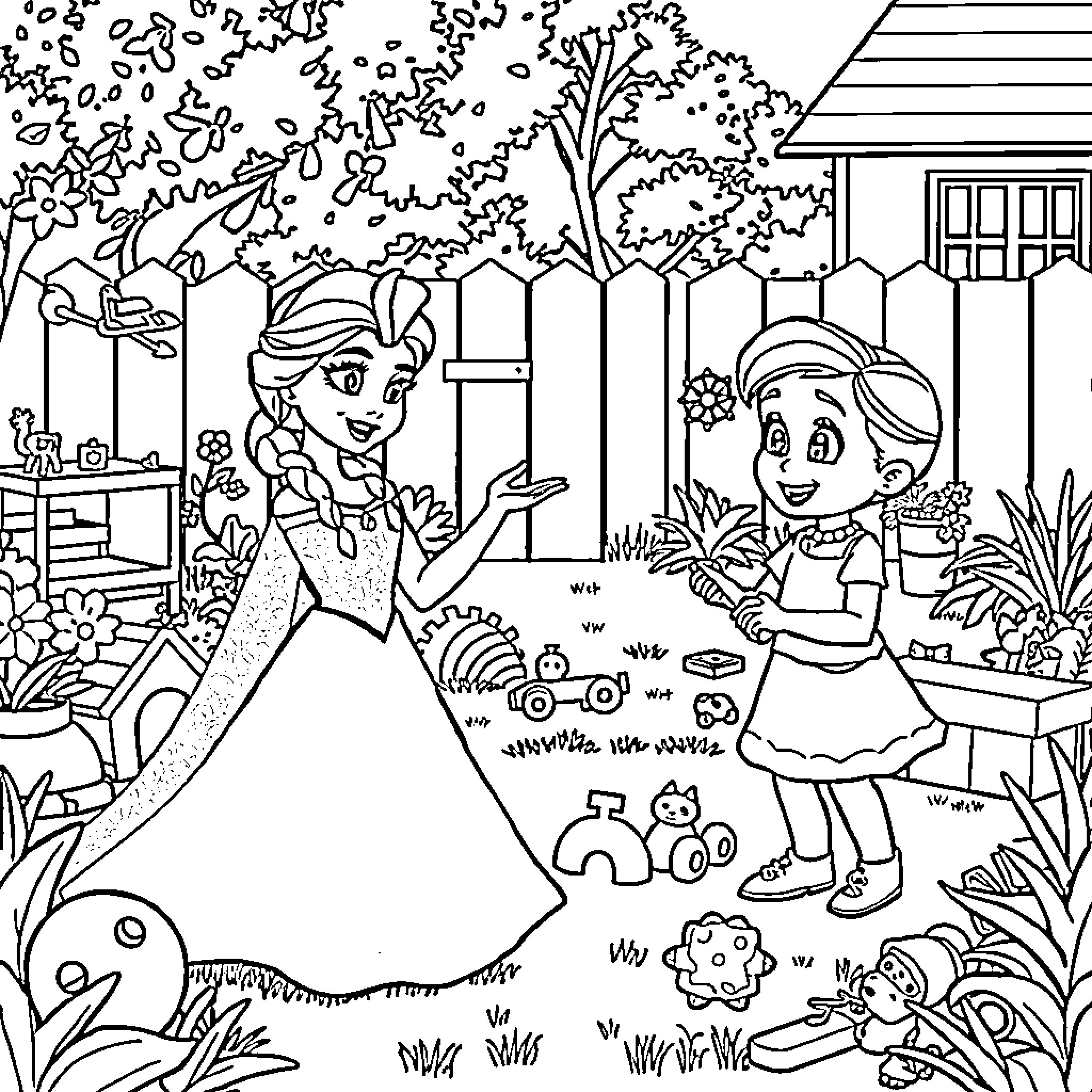 Elsa and Anna Enjoying a Playful Garden Adventure Coloring Page (free black-and-white line drawing printable PDF for all, from beginners to advanced learners, including children, teens, adults, and seniors)