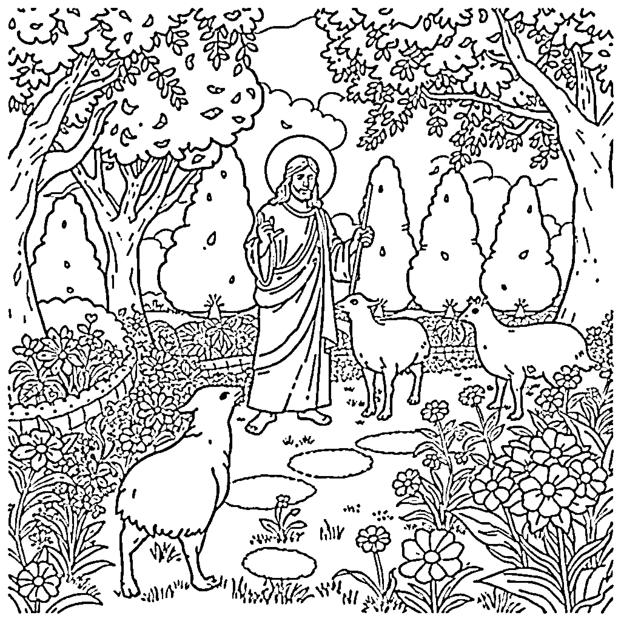 Jesus walking with sheep in a lush garden Coloring Page (free black-and-white line drawing printable PDF for all, from beginners to advanced learners, including children, teens, adults, and seniors)