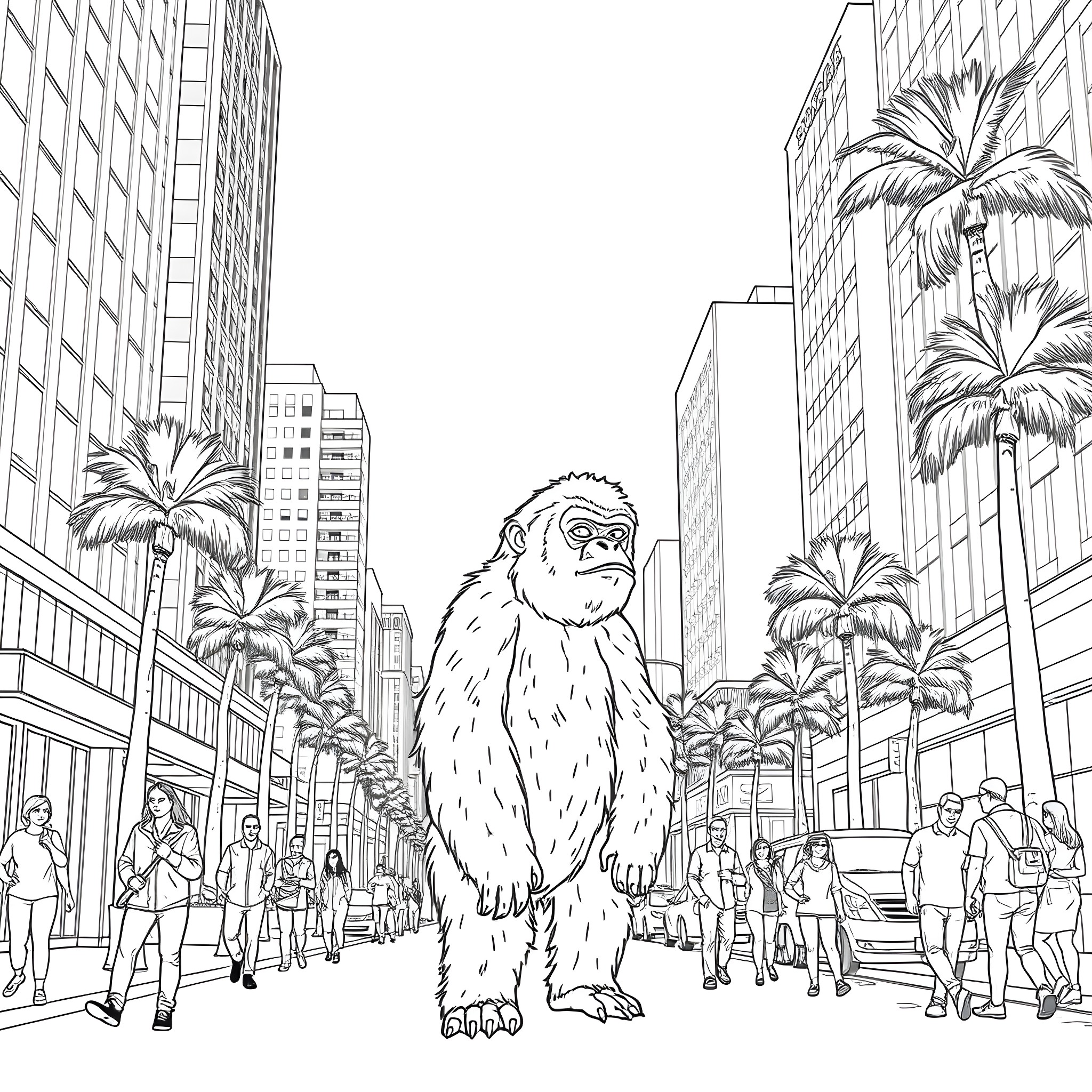 Yeti exploring the busy city streets Coloring Page (free black-and-white line drawing printable PDF for all, from beginners to advanced learners, including children, teens, adults, and seniors)