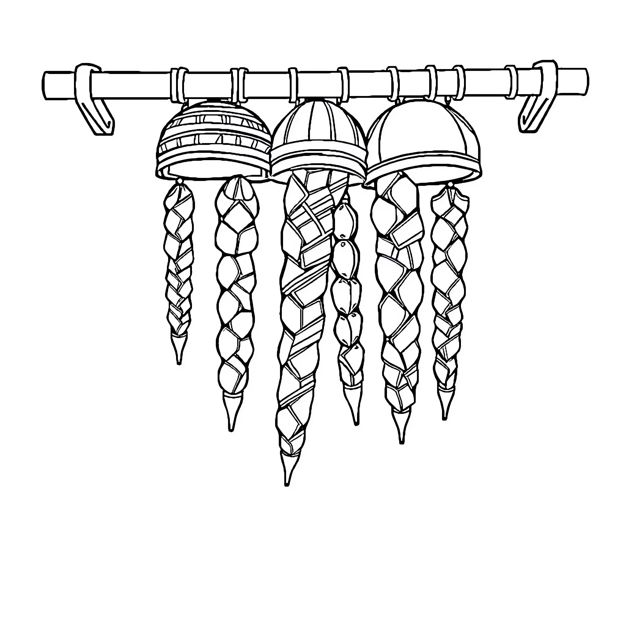 Hat with Braided Accessories Hanging on Rod Coloring Page (free black-and-white line drawing printable PDF for all, from beginners to advanced learners, including children, teens, adults, and seniors)