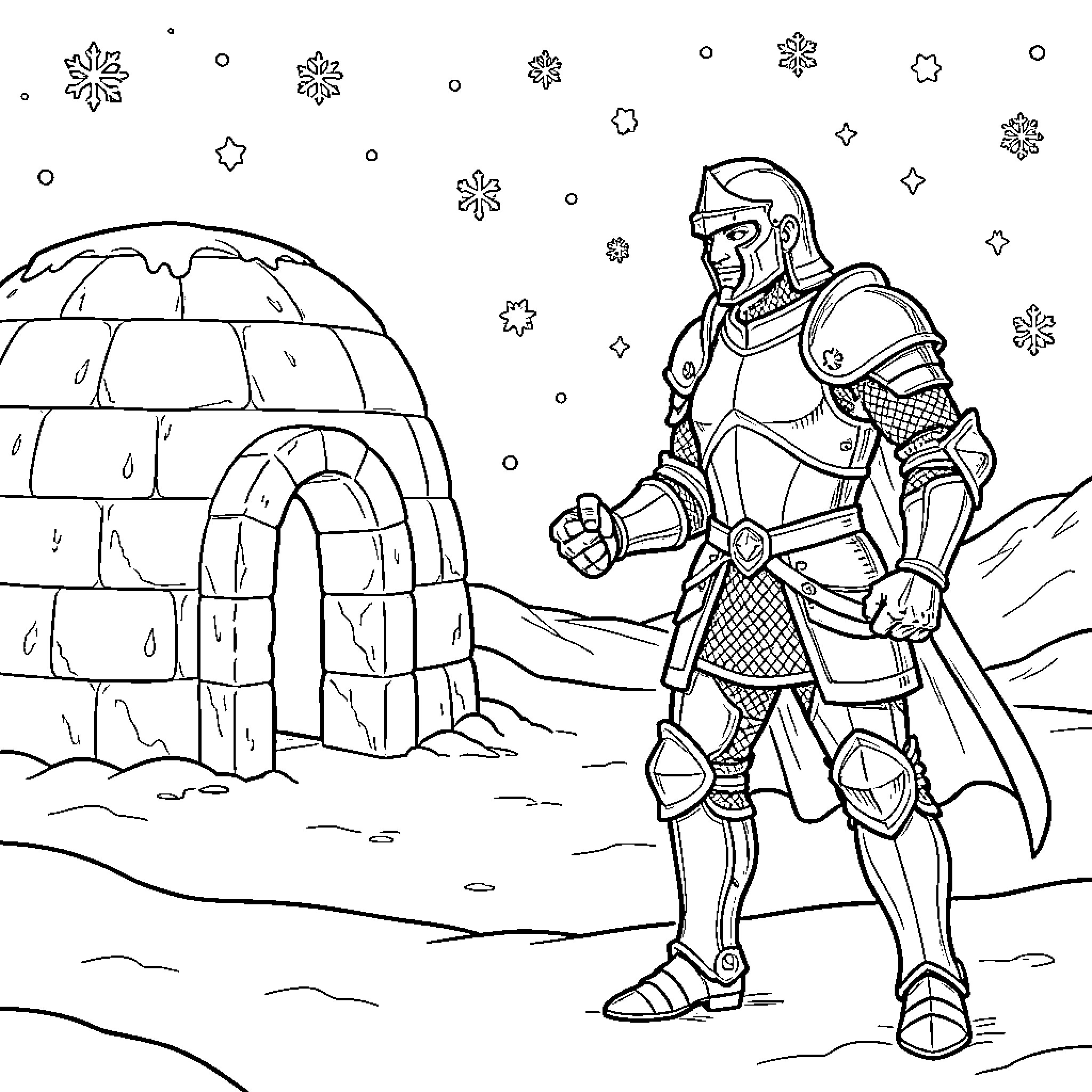 Cold vs Brave: Warrior facing the elements Coloring Page (free black-and-white line drawing printable PDF for all, from beginners to advanced learners, including children, teens, adults, and seniors)