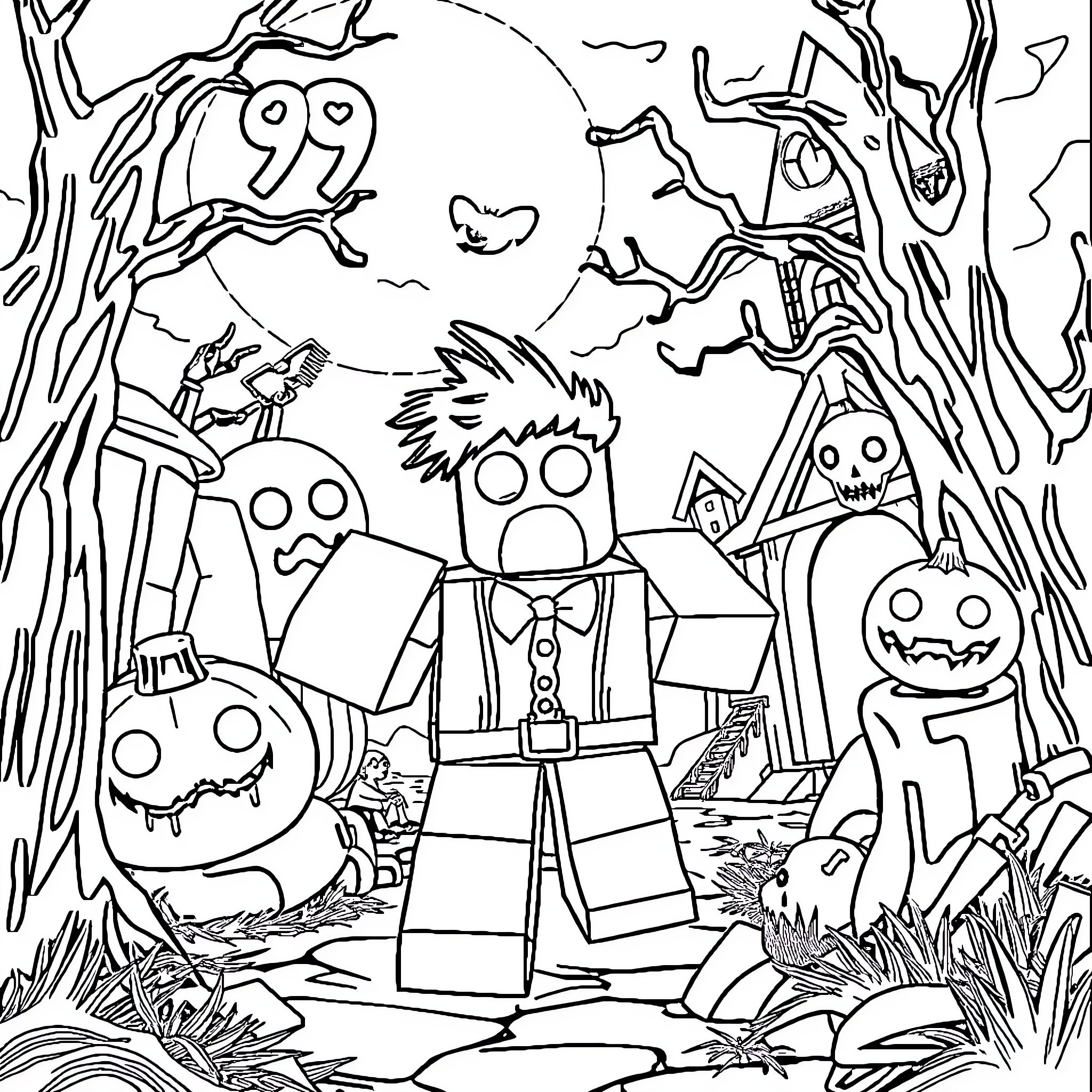 Roblox character surrounded by spooky creatures in the forest Coloring Page (free black-and-white line drawing printable PDF for all, from beginners to advanced learners, including children, teens, adults, and seniors)