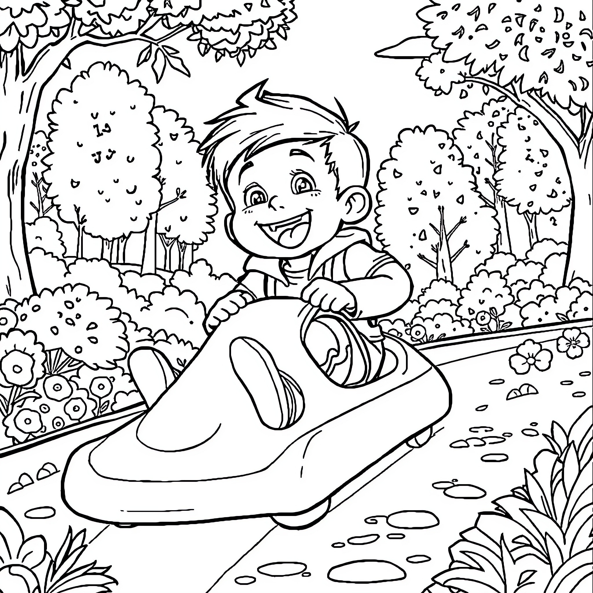 Child playing on a slide in a nature setting Coloring Page (free black-and-white line drawing printable PDF for all, from beginners to advanced learners, including children, teens, adults, and seniors)