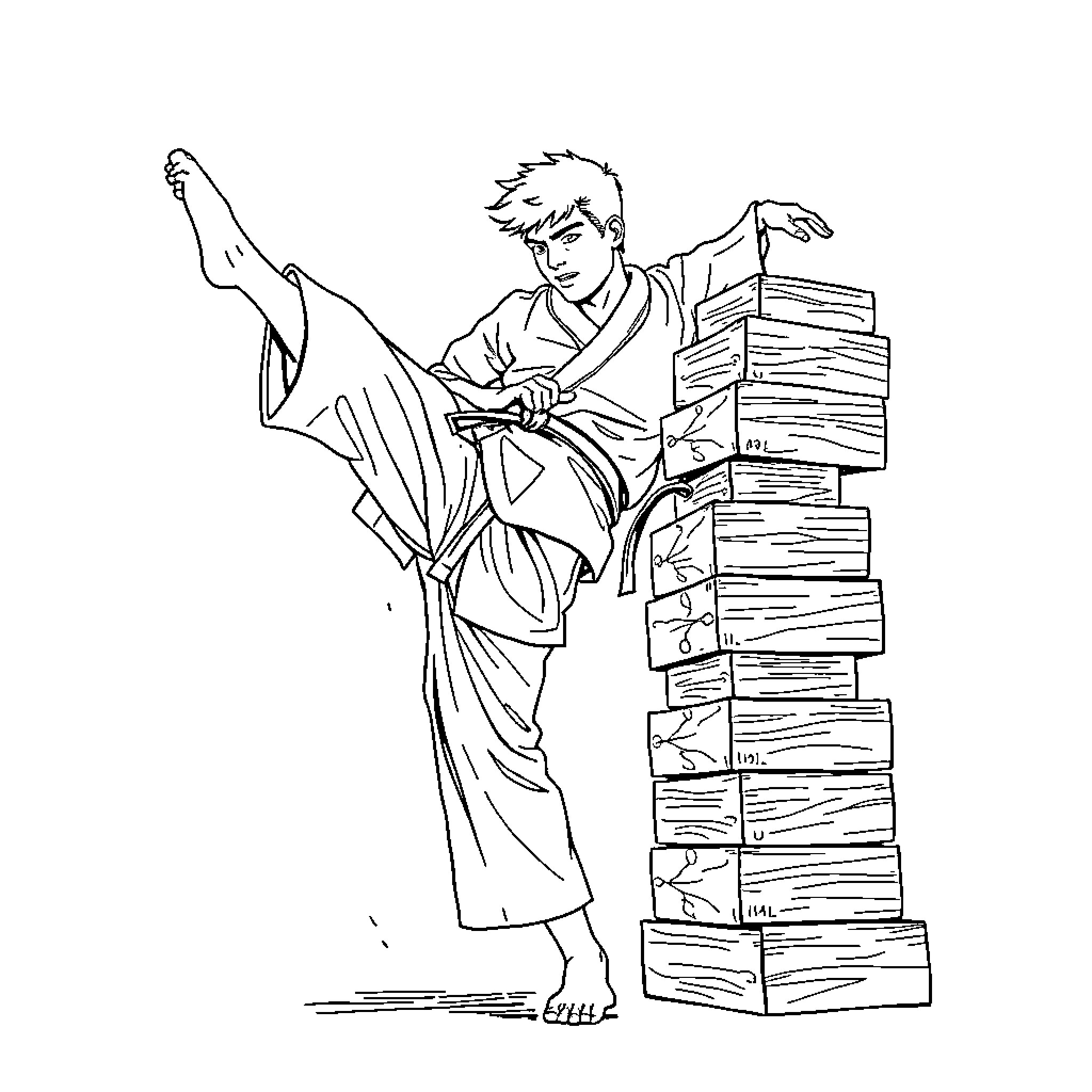 Karate Student Performing Powerful Kata Amid Stacked Books Coloring Page (free black-and-white line drawing printable PDF for all, from beginners to advanced learners, including children, teens, adults, and seniors)