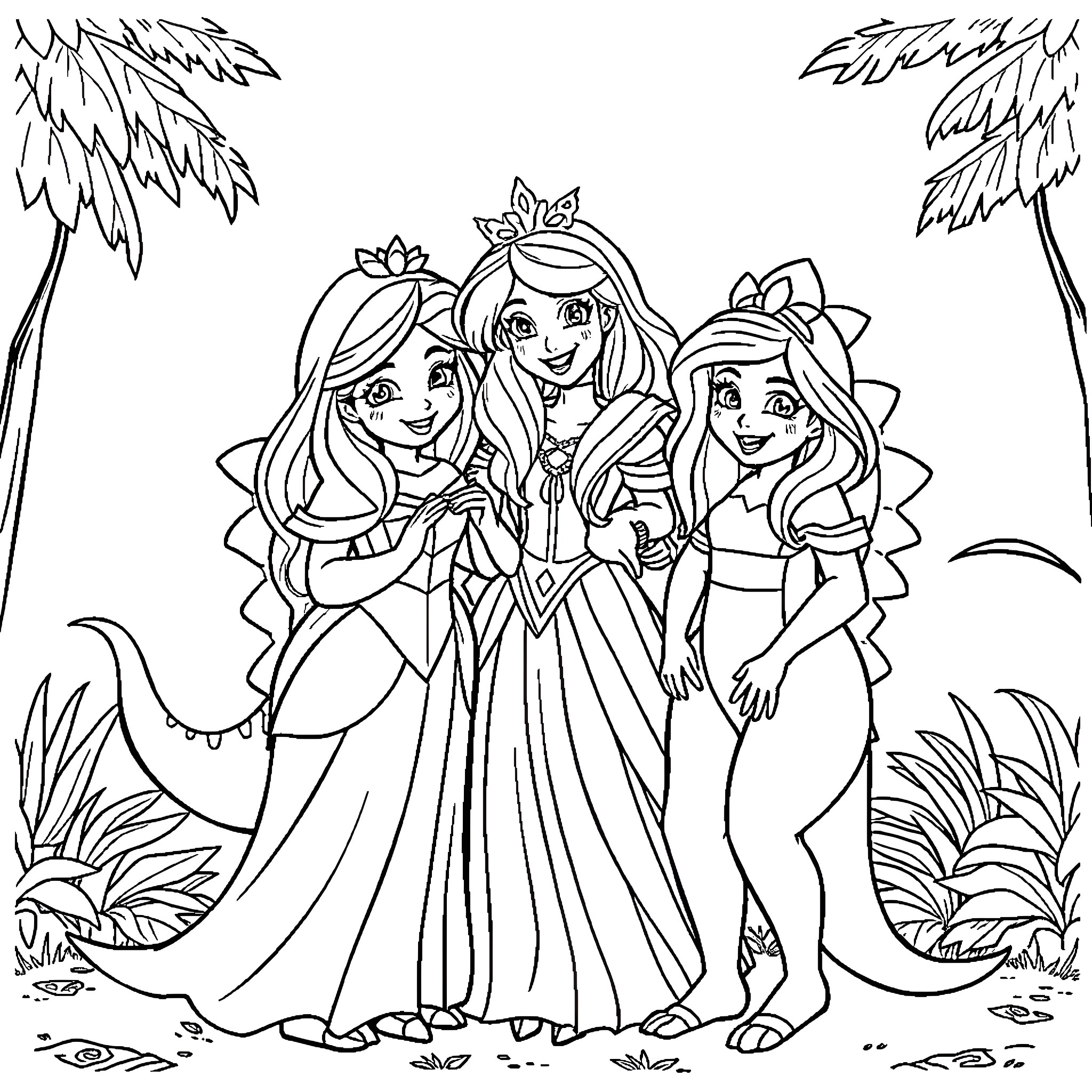 Princess and her friends in a tropical paradise Coloring Page (free black-and-white line drawing printable PDF for all, from beginners to advanced learners, including children, teens, adults, and seniors)