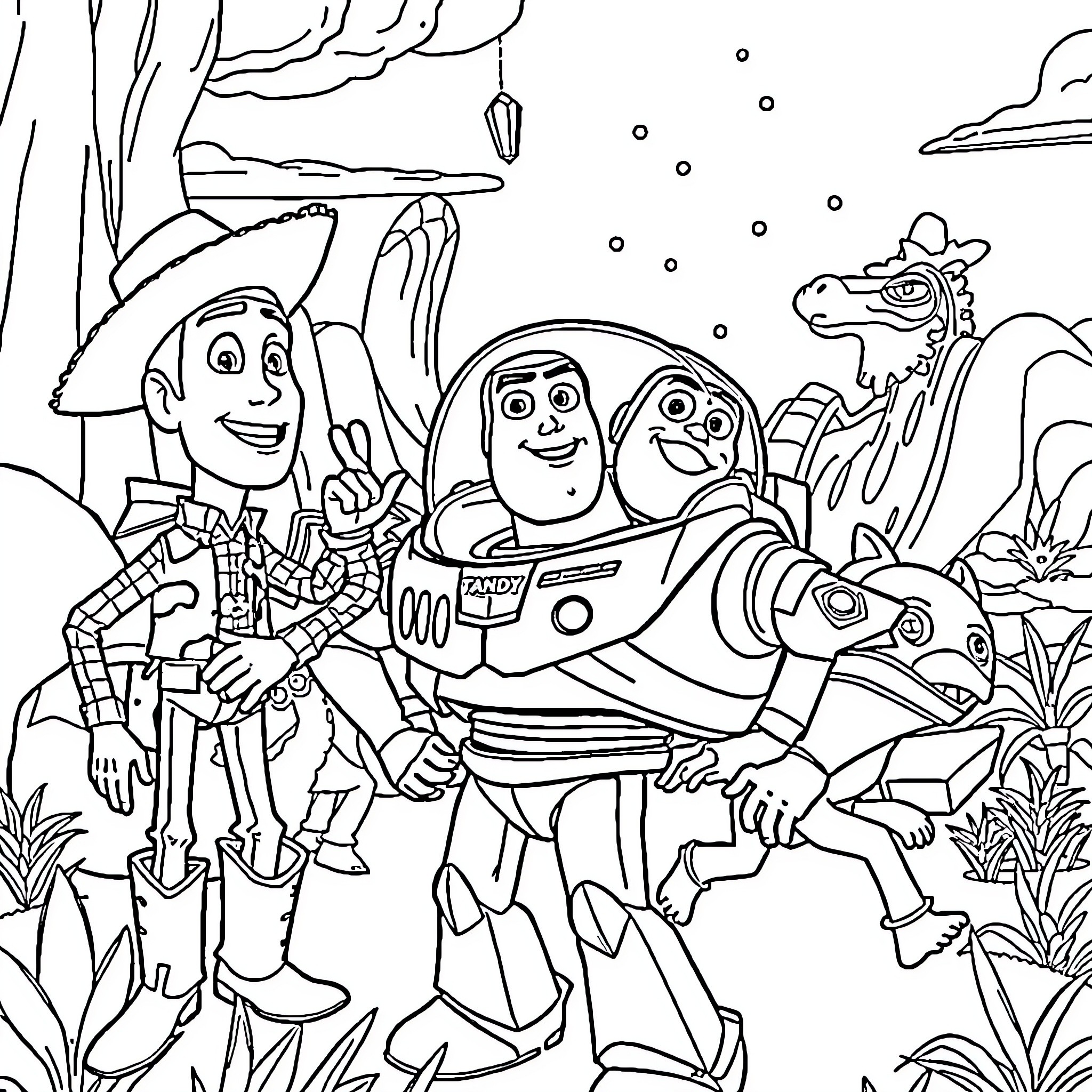 Toy Story Characters in an Adventurous Outdoor Scene Coloring Page (free black-and-white line drawing printable PDF for all, from beginners to advanced learners, including children, teens, adults, and seniors)