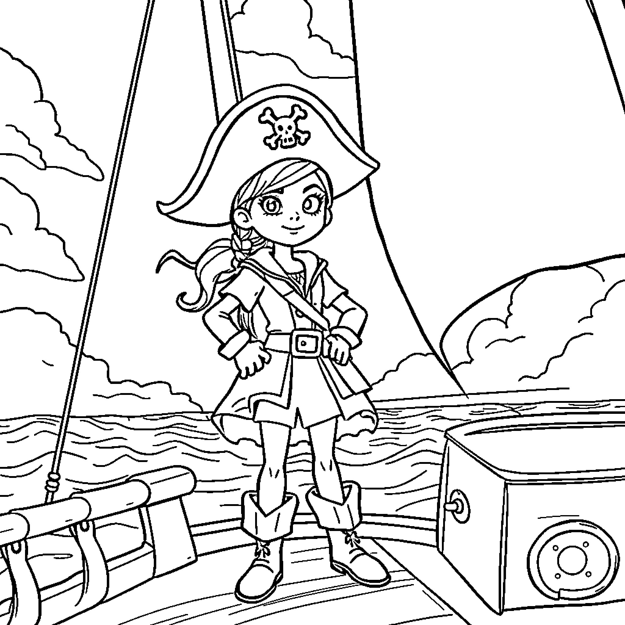 Pirate Girl sailing on a ship in a storm Coloring Page (free black-and-white line drawing printable PDF for all, from beginners to advanced learners, including children, teens, adults, and seniors)