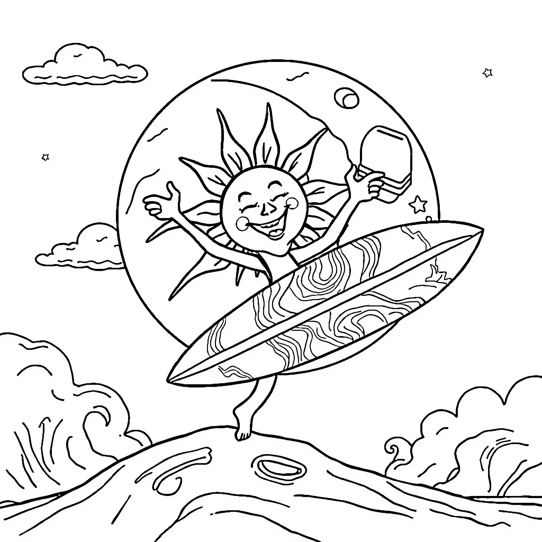 Sun surfer enjoying waves on alien planet Coloring Page (free black-and-white line drawing printable PDF for all, from beginners to advanced learners, including children, teens, adults, and seniors)
