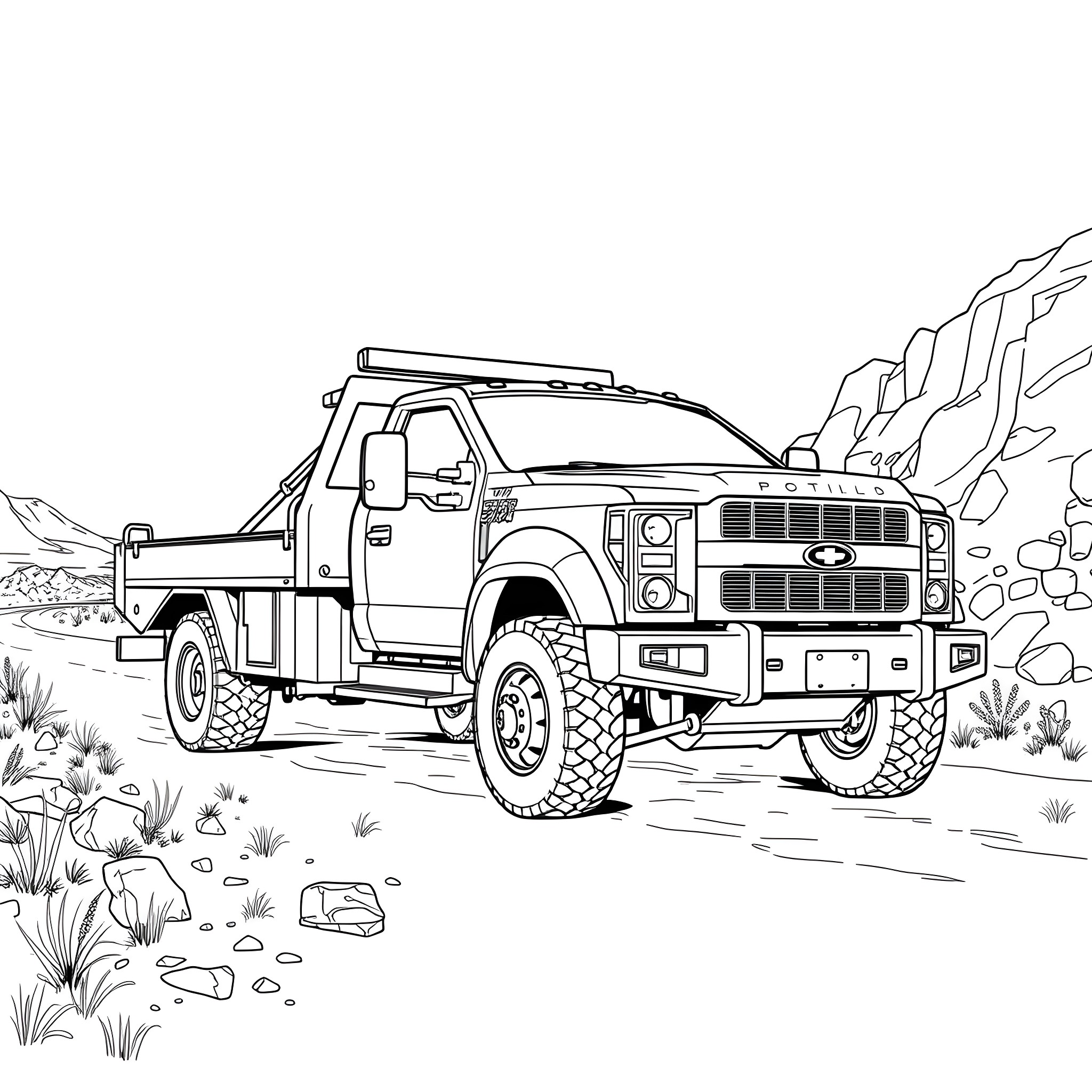 Wrecker Truck Towing a Rugged Off-Road Vehicle Coloring Page (free black-and-white line drawing printable PDF for all, from beginners to advanced learners, including children, teens, adults, and seniors)