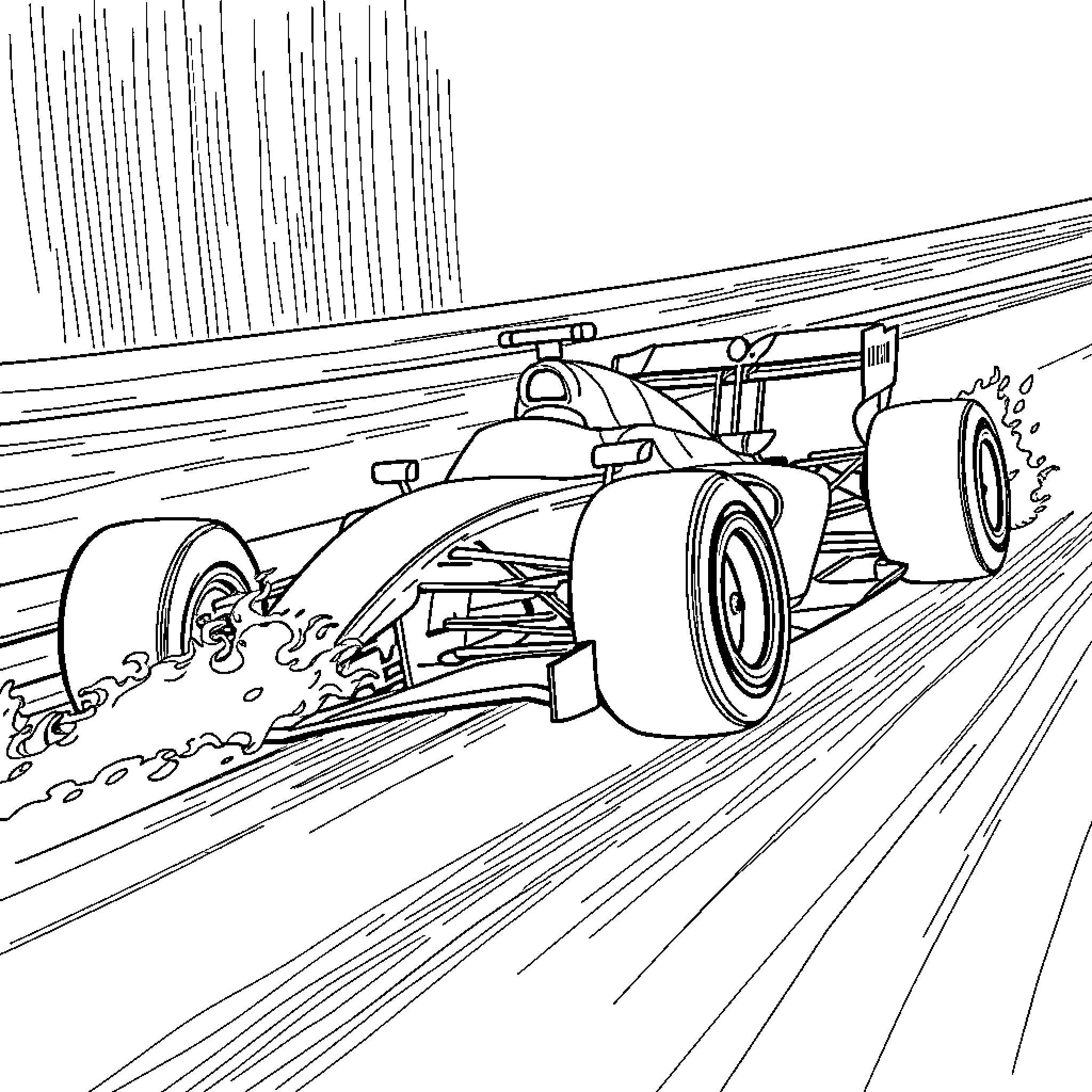 Formula 1 Race Car Speeding on Track Coloring Page (free black-and-white line drawing printable PDF for all, from beginners to advanced learners, including children, teens, adults, and seniors)