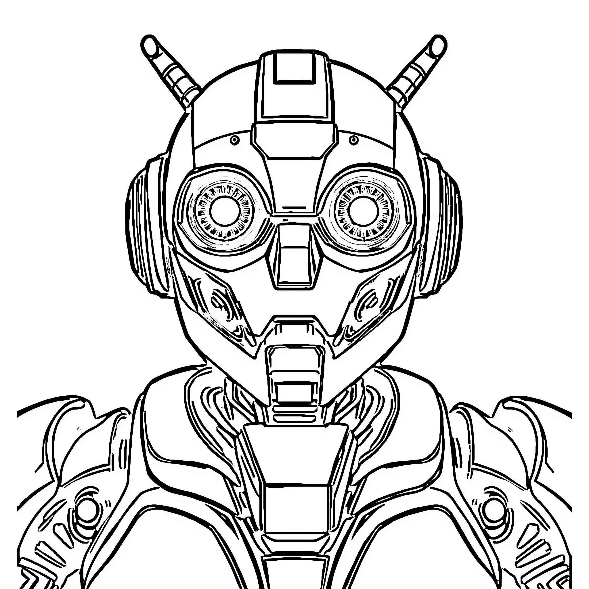 Robot with futuristic headgear and mechanical features Coloring Page (free black-and-white line drawing printable PDF for all, from beginners to advanced learners, including children, teens, adults, and seniors)