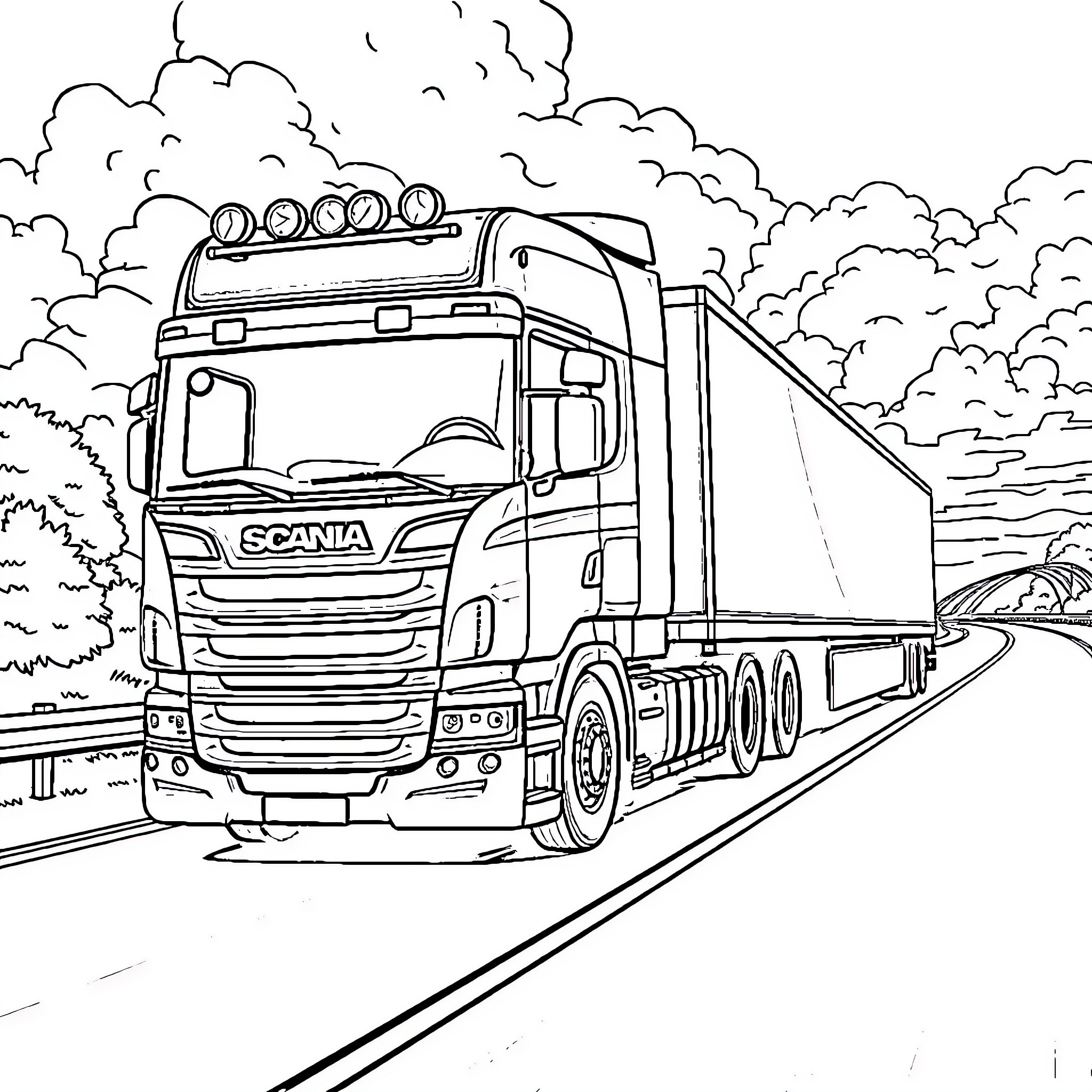 Scania Truck transporting cargo on the highway Coloring Page (free black-and-white line drawing printable PDF for all, from beginners to advanced learners, including children, teens, adults, and seniors)