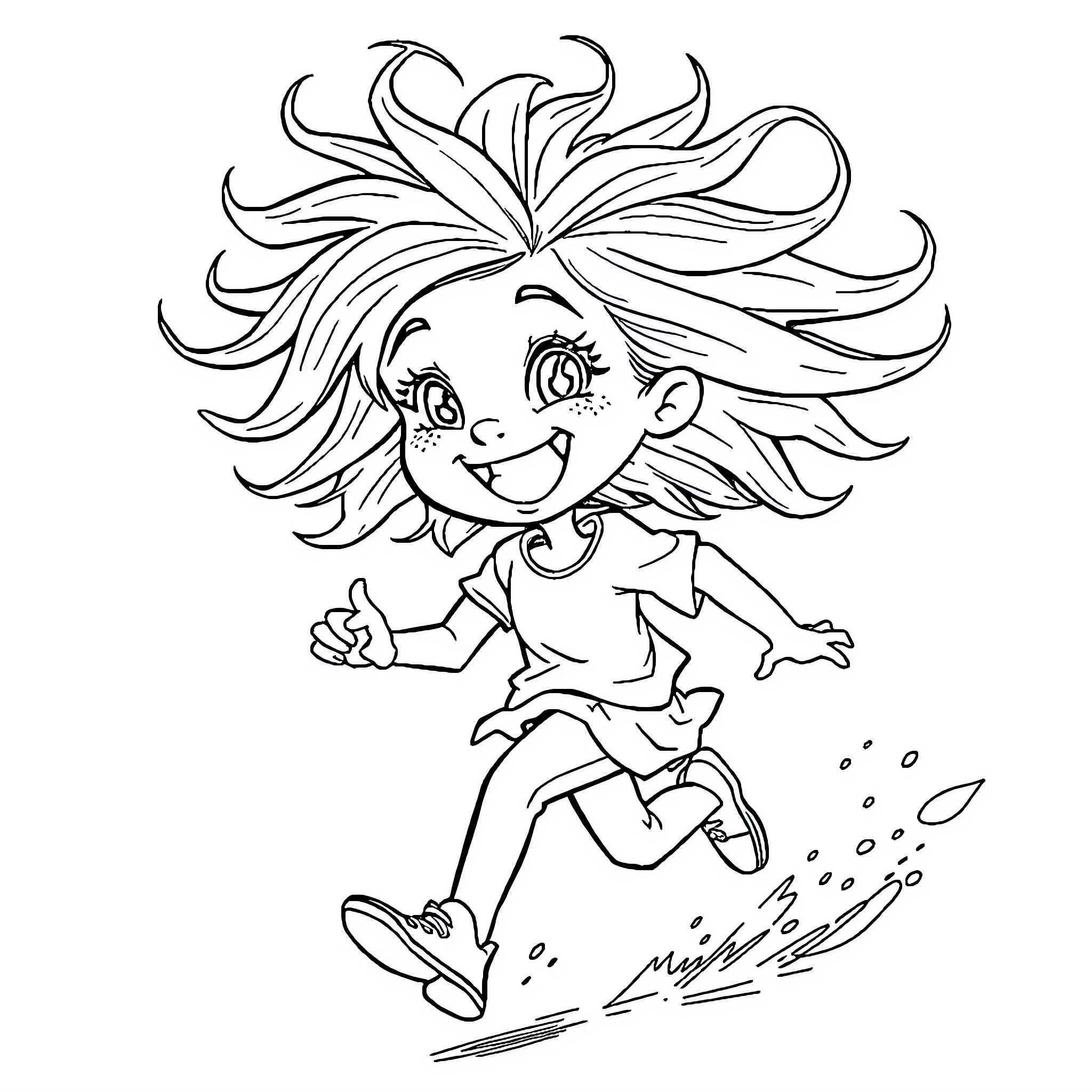 Girl Happily Running and Jumping Coloring Page (free black-and-white line drawing printable PDF for all, from beginners to advanced learners, including children, teens, adults, and seniors)