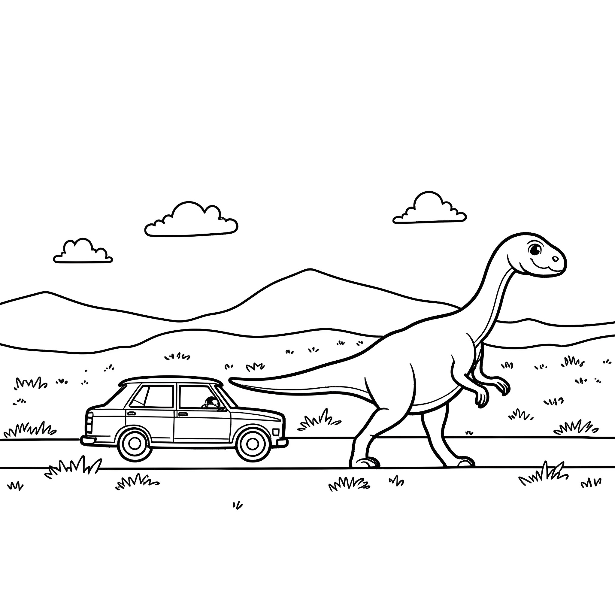 Dinosaur walking beside a vintage car in the countryside Coloring Page (free black-and-white line drawing printable PDF for all, from beginners to advanced learners, including children, teens, adults, and seniors)