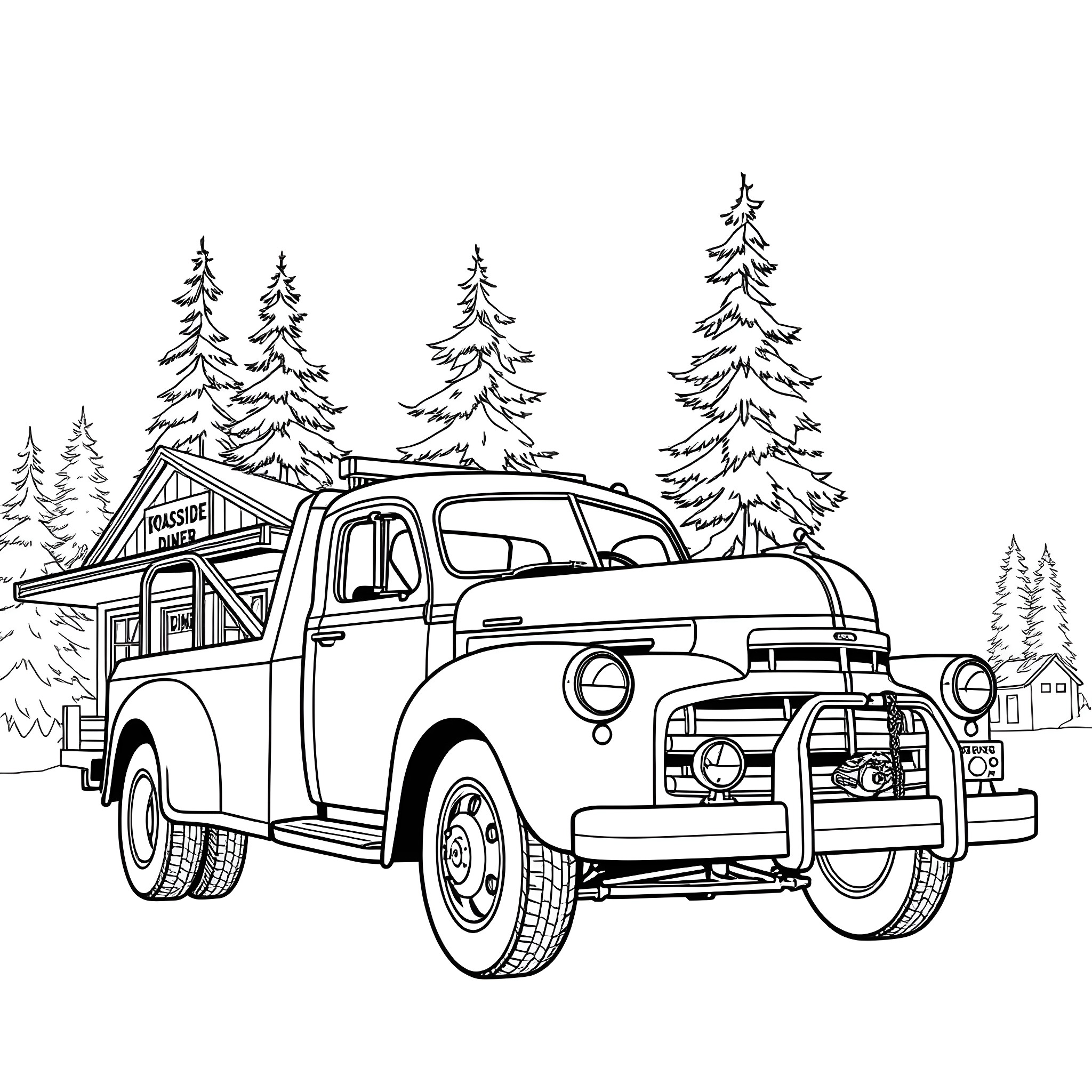 Tow Truck Transporting a Classic Vintage Vehicle in the Woods Coloring Page (free black-and-white line drawing printable PDF for all, from beginners to advanced learners, including children, teens, adults, and seniors)