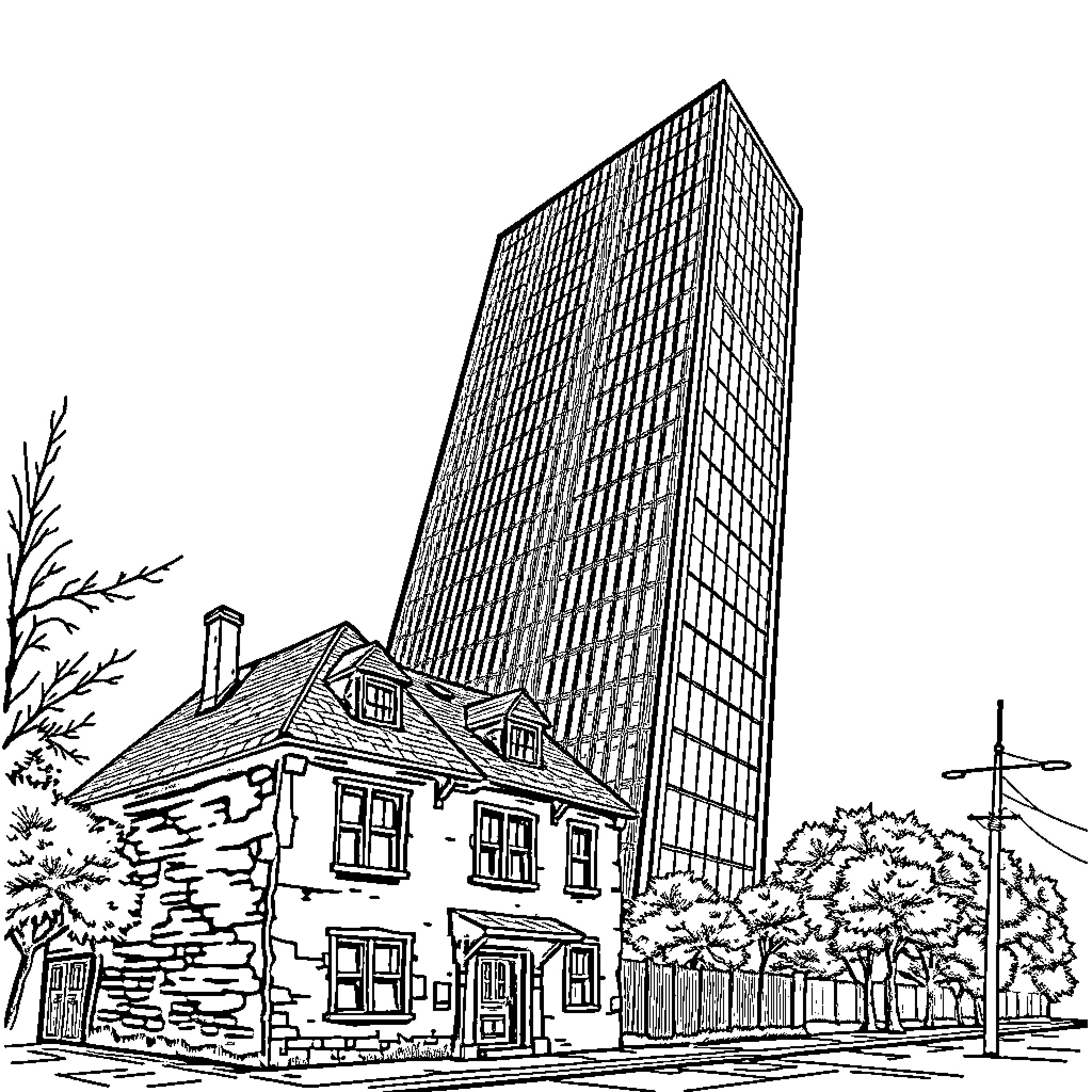 Old Stone House Dwarfed by Towering Skyscraper Coloring Page (free black-and-white line drawing printable PDF for all, from beginners to advanced learners, including children, teens, adults, and seniors)