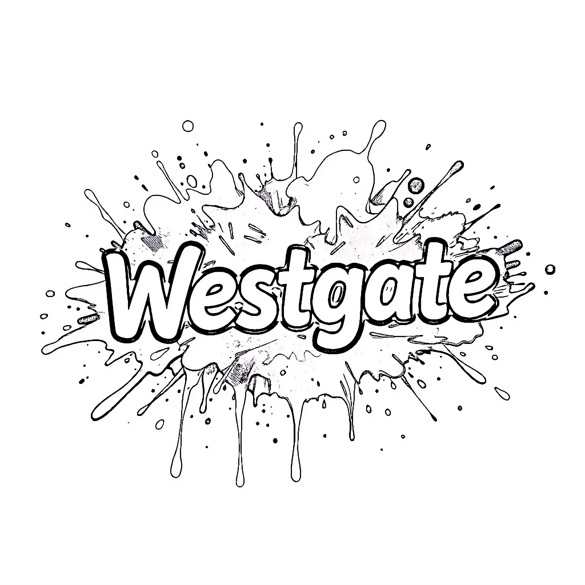 Paint Splash of the word Westgate Coloring Page (free black-and-white line drawing printable PDF for all, from beginners to advanced learners, including children, teens, adults, and seniors)