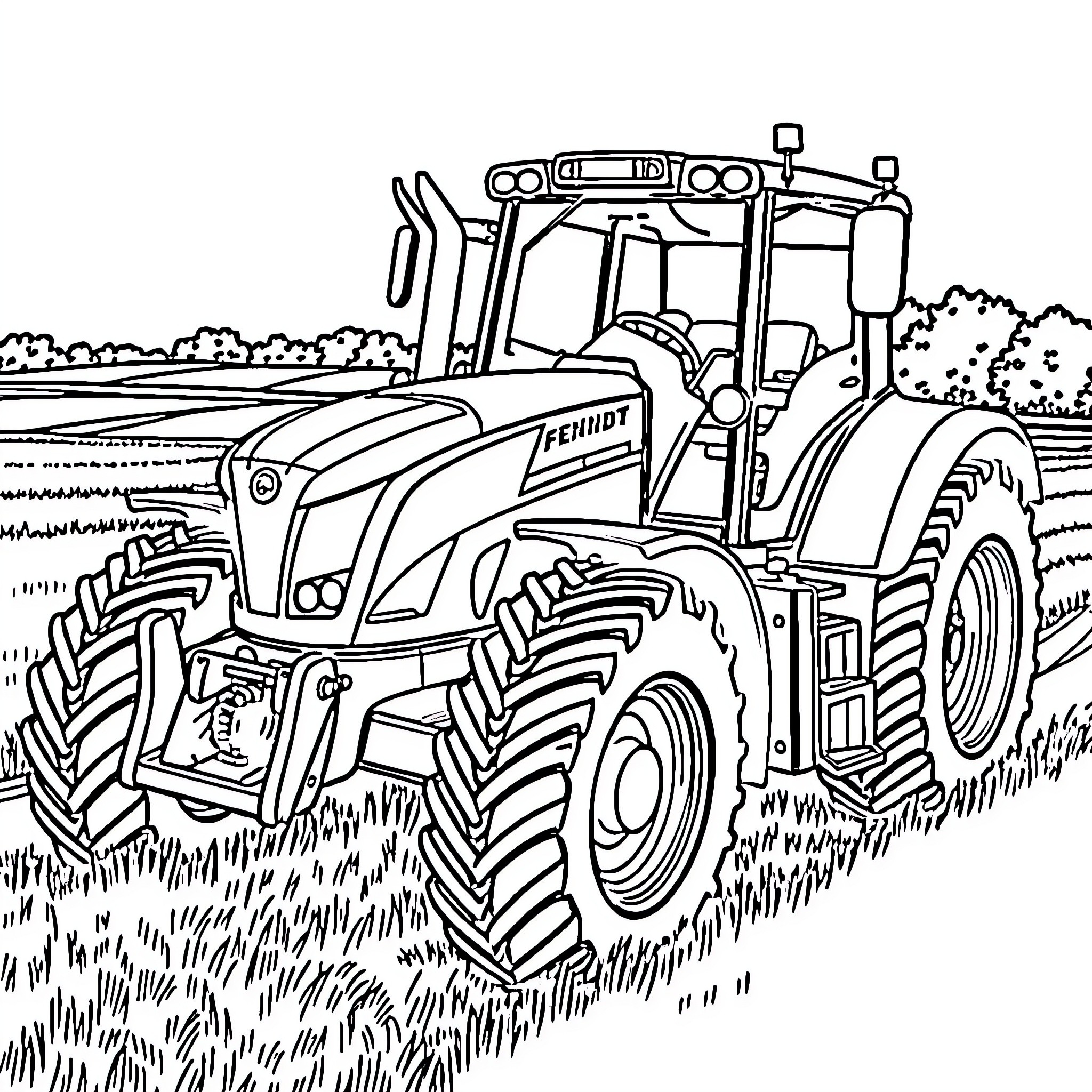 Fendt 1050 tractor plowing through a field Coloring Page (free black-and-white line drawing printable PDF for all, from beginners to advanced learners, including children, teens, adults, and seniors)