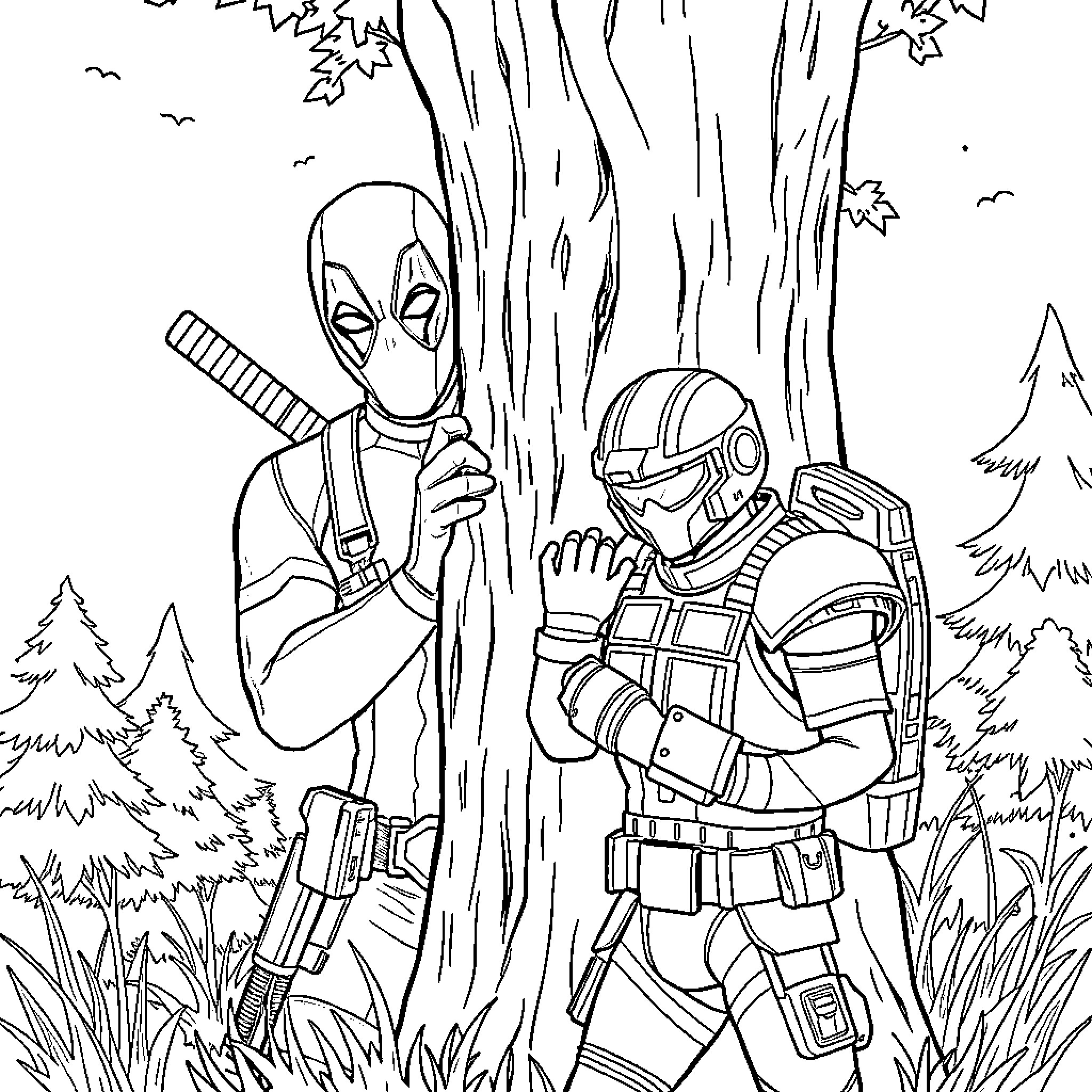Deadpool's Mischievous Antics with Rogue Soldier in the Forest Coloring Page (free black-and-white line drawing printable PDF for all, from beginners to advanced learners, including children, teens, adults, and seniors)