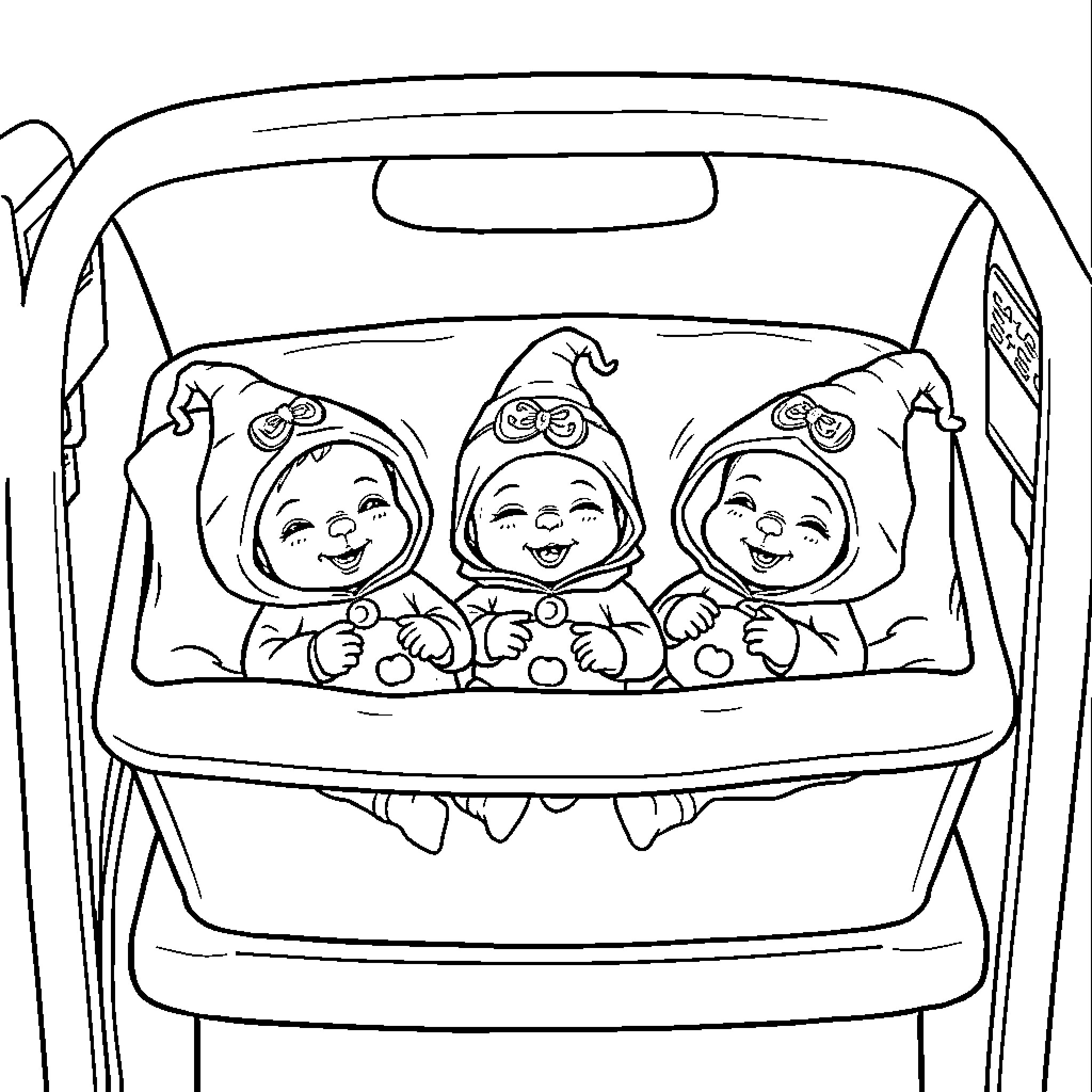 NICU Baby Triplets in Stroller Coloring Page (free black-and-white line drawing printable PDF for all, from beginners to advanced learners, including children, teens, adults, and seniors)
