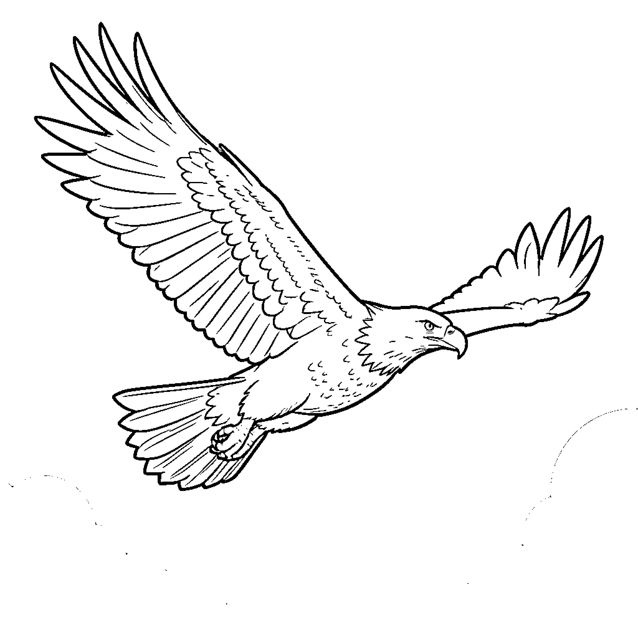 Eagle soaring gracefully with outstretched wings Coloring Page (free black-and-white line drawing printable PDF for all, from beginners to advanced learners, including children, teens, adults, and seniors)