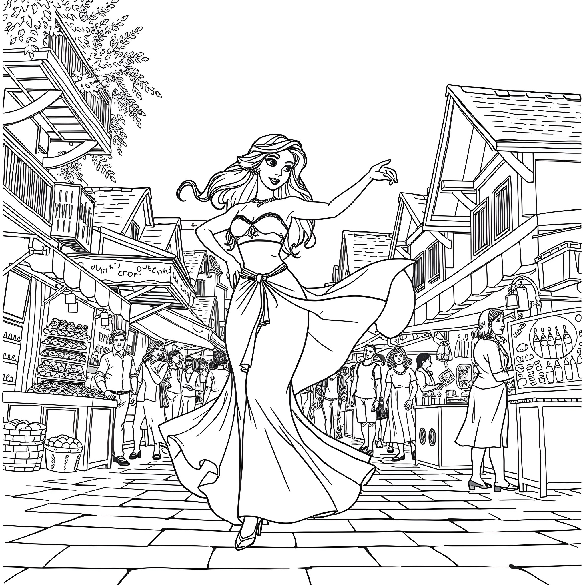Esmeralda dancing and performing in the city streets Coloring Page (free black-and-white line drawing printable PDF for all, from beginners to advanced learners, including children, teens, adults, and seniors)