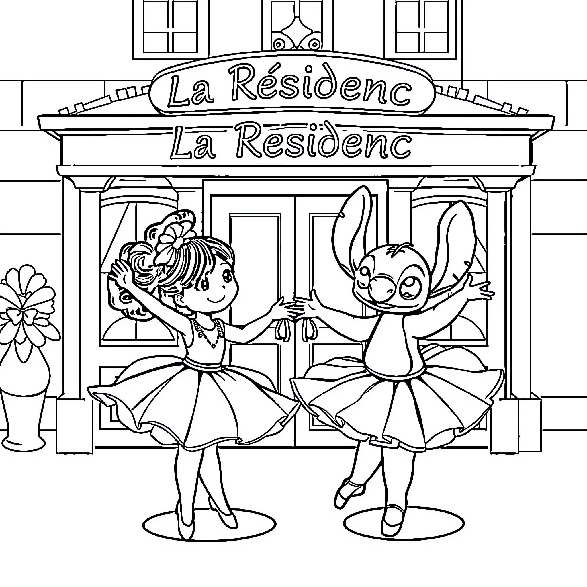 Lilo and Stitch dance at La Residence Coloring Page (free black-and-white line drawing printable PDF for all, from beginners to advanced learners, including children, teens, adults, and seniors)