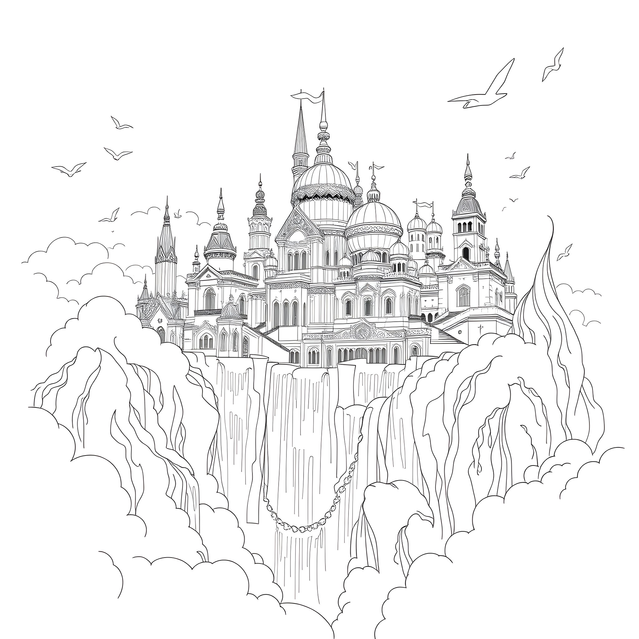 City surrounded by clouds and birds in the sky Coloring Page (free black-and-white line drawing printable PDF for all, from beginners to advanced learners, including children, teens, adults, and seniors)