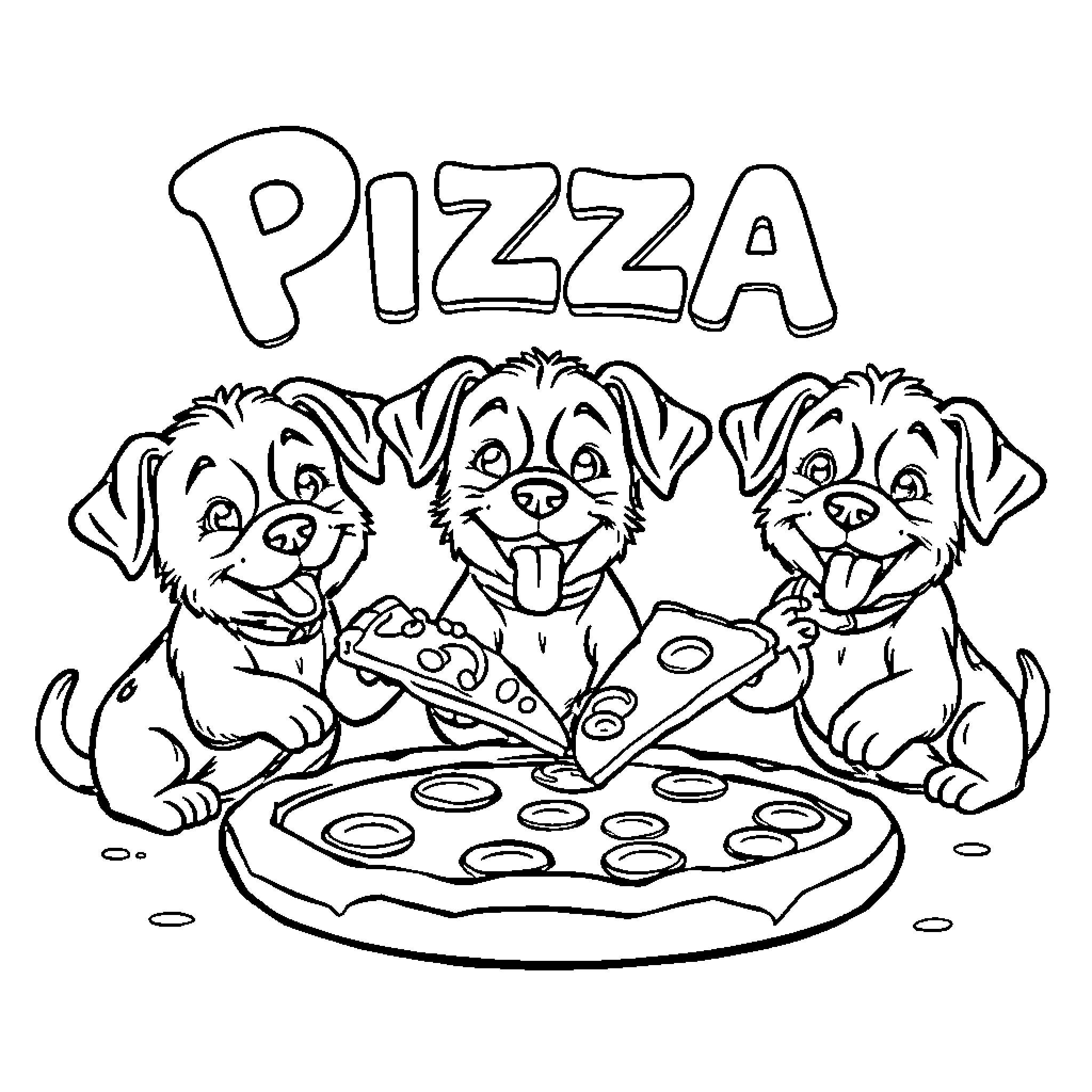 Pupper Pals Share Pizza Feast Coloring Page (free black-and-white line drawing printable PDF for all, from beginners to advanced learners, including children, teens, adults, and seniors)