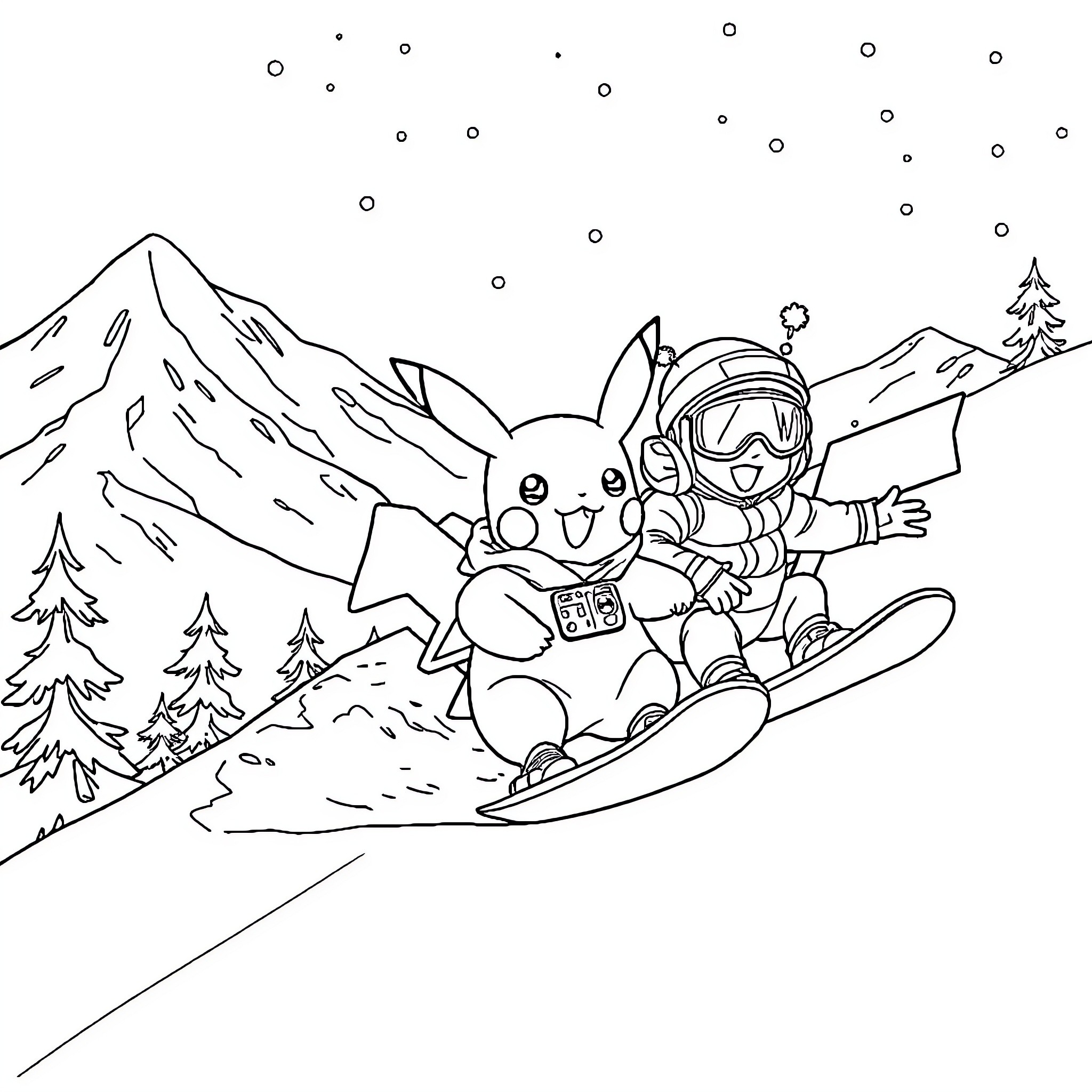 Pikachu and snowboarder enjoying winter adventure Coloring Page (free black-and-white line drawing printable PDF for all, from beginners to advanced learners, including children, teens, adults, and seniors)