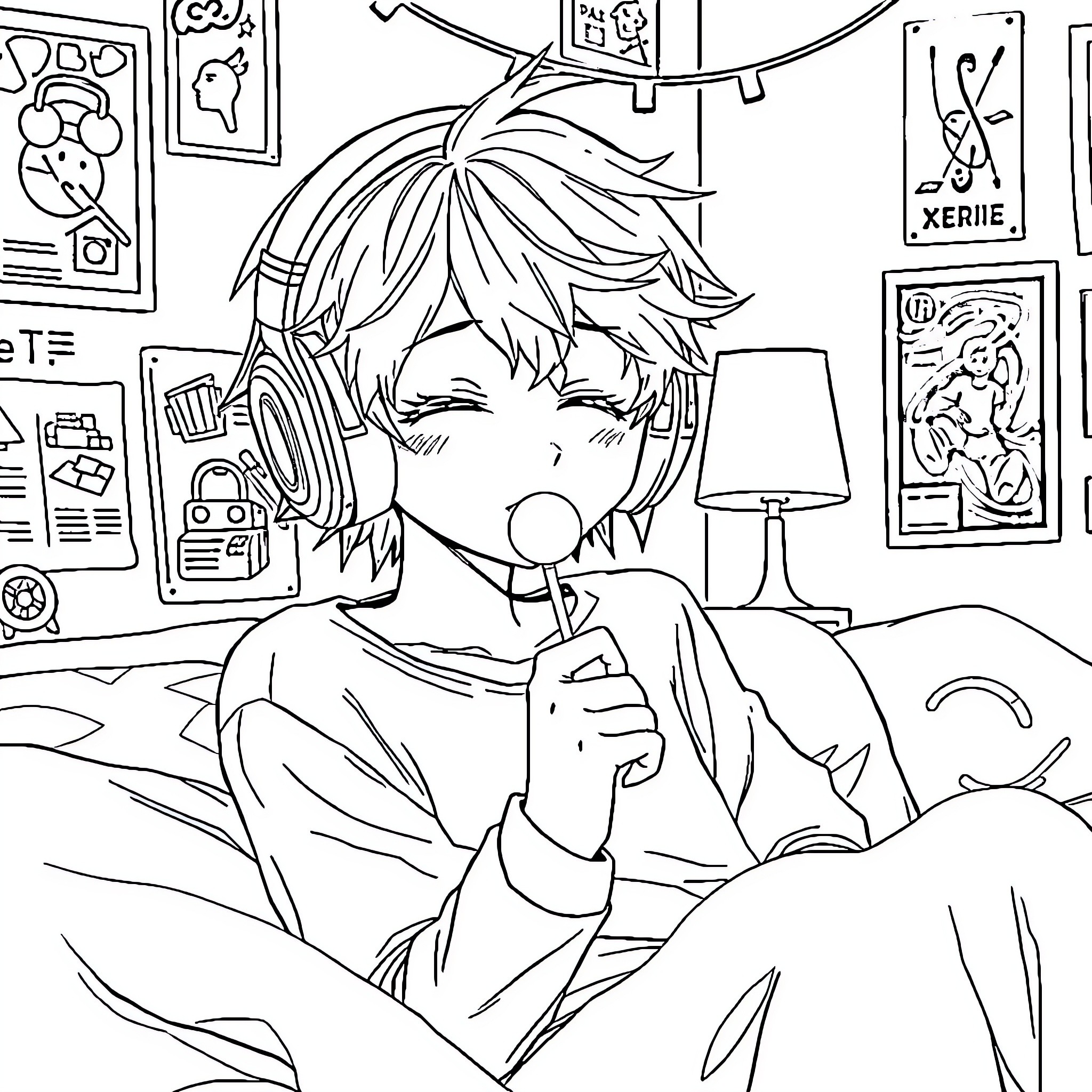 Anime Boy Relaxing and Listening to Music Coloring Page (free black-and-white line drawing printable PDF for all, from beginners to advanced learners, including children, teens, adults, and seniors)
