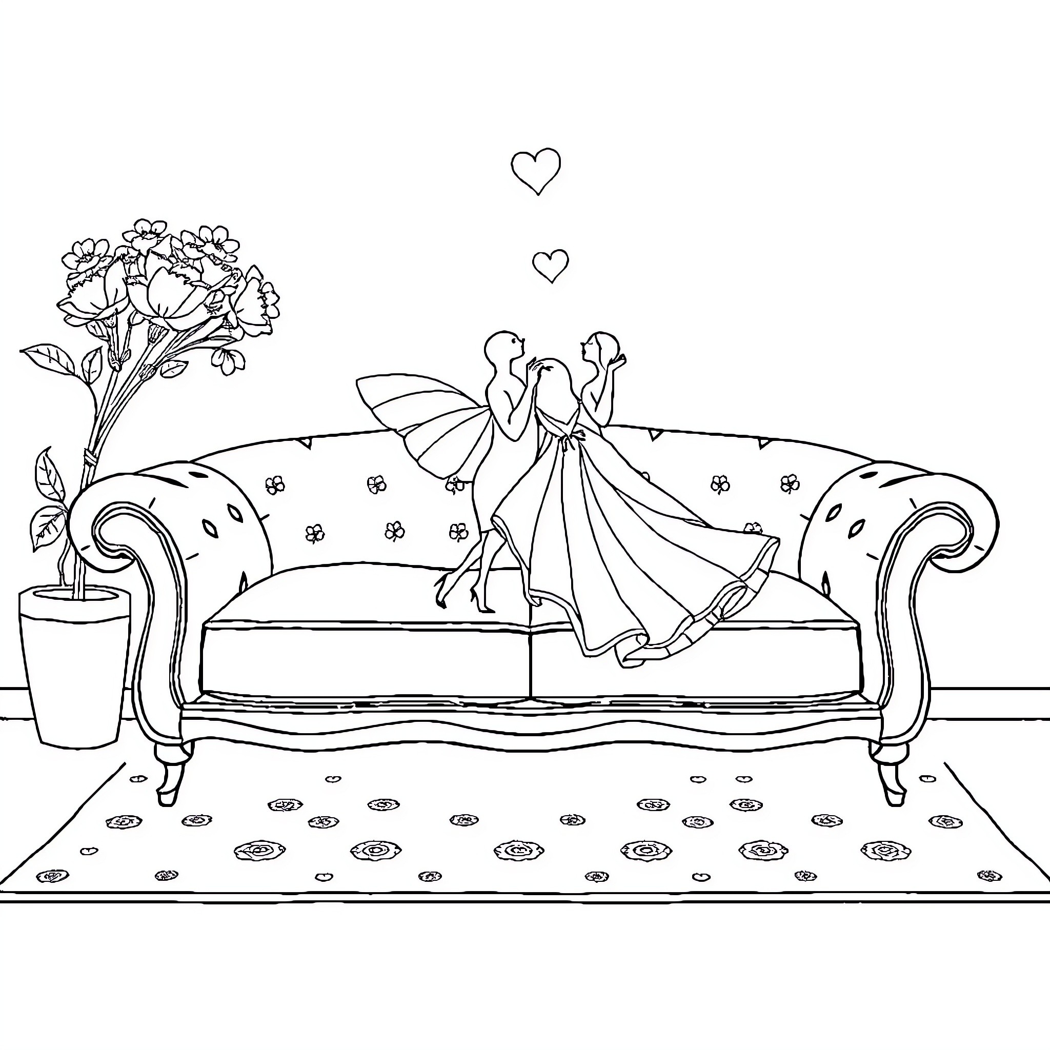 Daisy's Romantic Rendezvous Coloring Page (free black-and-white line drawing printable PDF for all, from beginners to advanced learners, including children, teens, adults, and seniors)