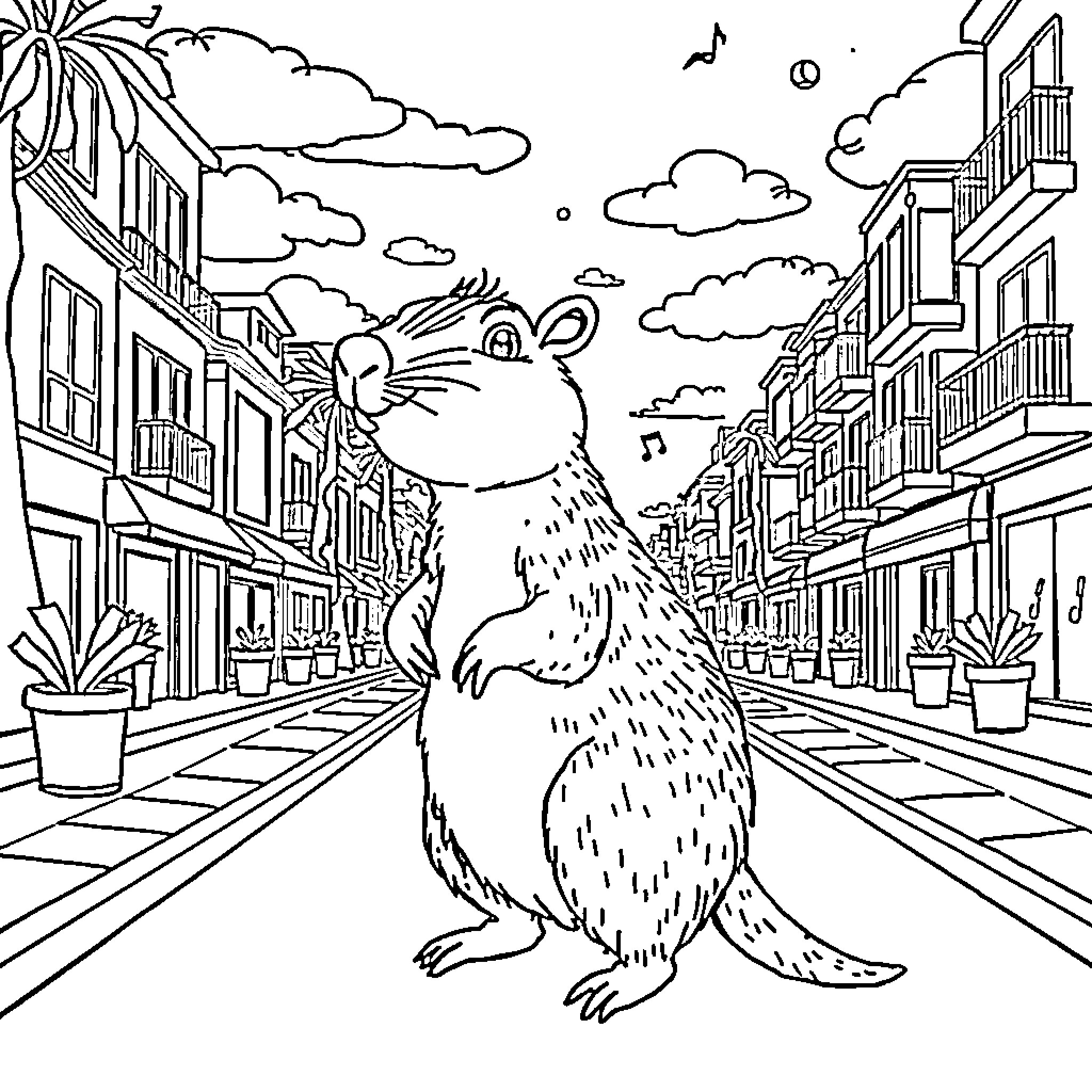 Capybara exploring the lively city street Coloring Page (free black-and-white line drawing printable PDF for all, from beginners to advanced learners, including children, teens, adults, and seniors)