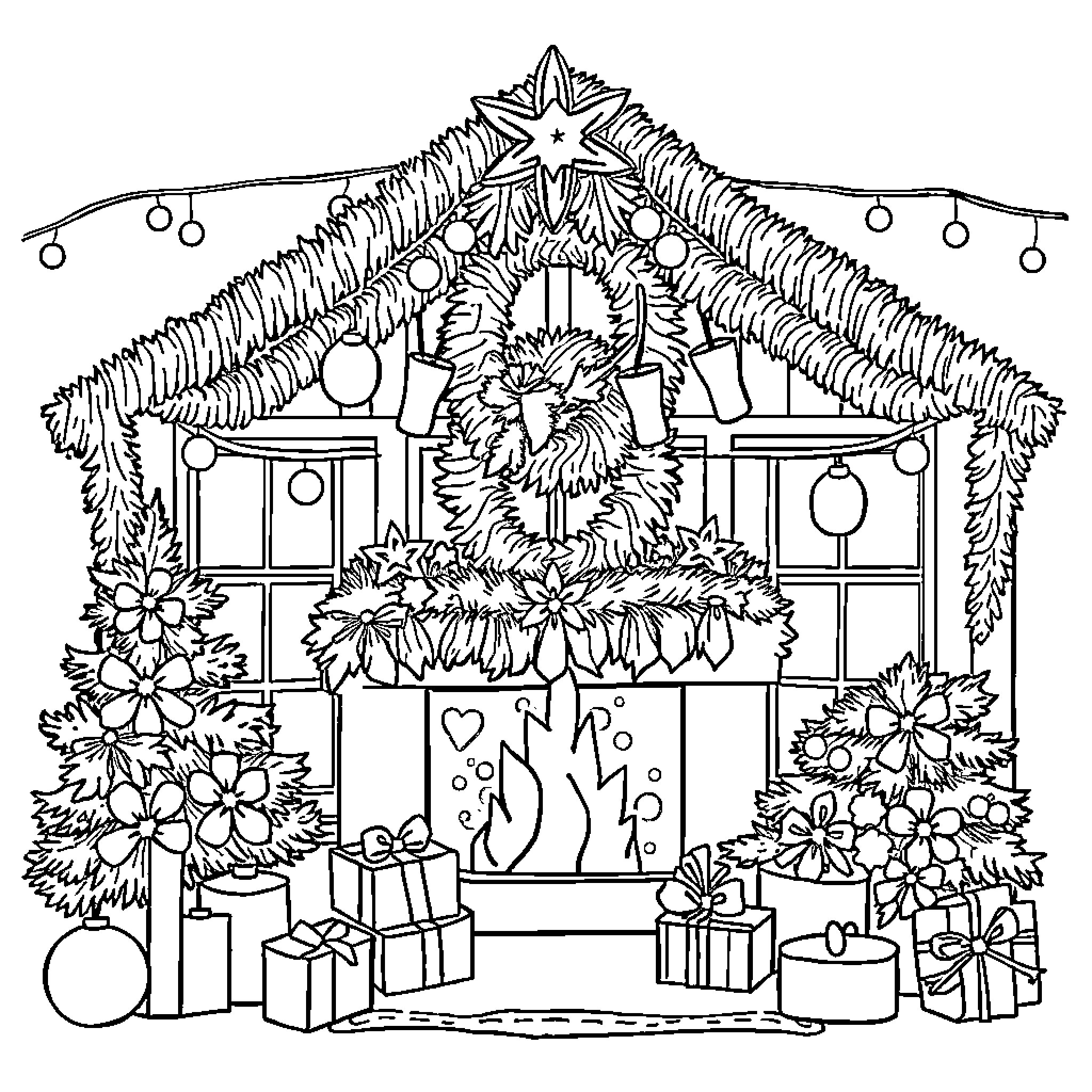 Noel's cozy Christmas home decked out in festive cheer Coloring Page (free black-and-white line drawing printable PDF for all, from beginners to advanced learners, including children, teens, adults, and seniors)