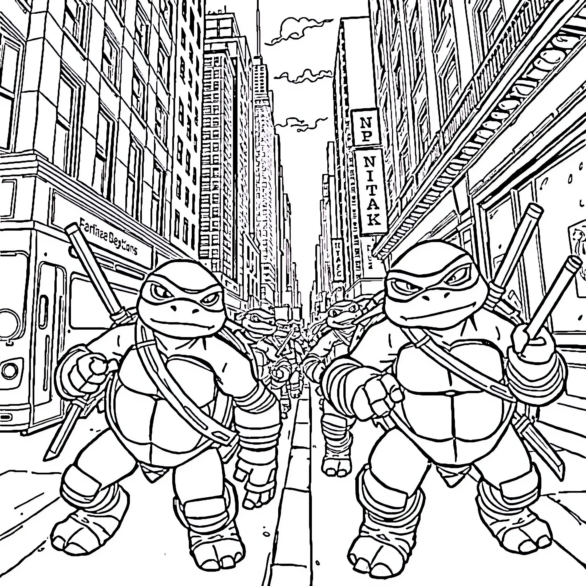 Ninja Turtles exploring bustling city streets Coloring Page (free black-and-white line drawing printable PDF for all, from beginners to advanced learners, including children, teens, adults, and seniors)