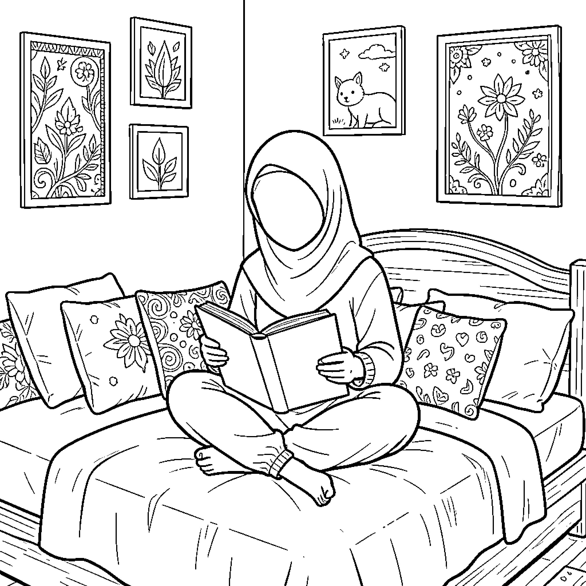 Girl reading a book in a cozy bedroom Coloring Page (free black-and-white line drawing printable PDF for all, from beginners to advanced learners, including children, teens, adults, and seniors)