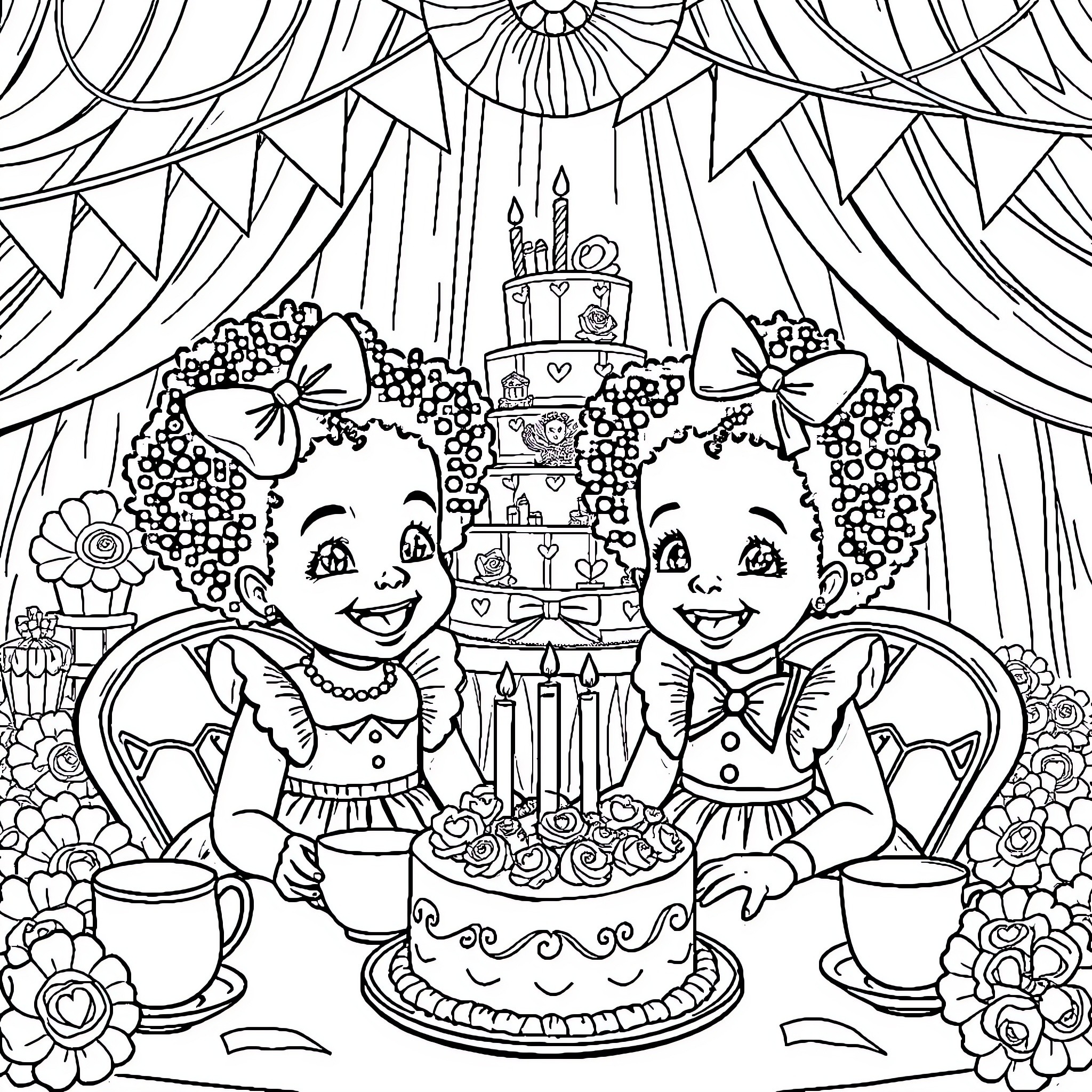 Girls celebrating a birthday party with cake and flowers Coloring Page (free black-and-white line drawing printable PDF for all, from beginners to advanced learners, including children, teens, adults, and seniors)