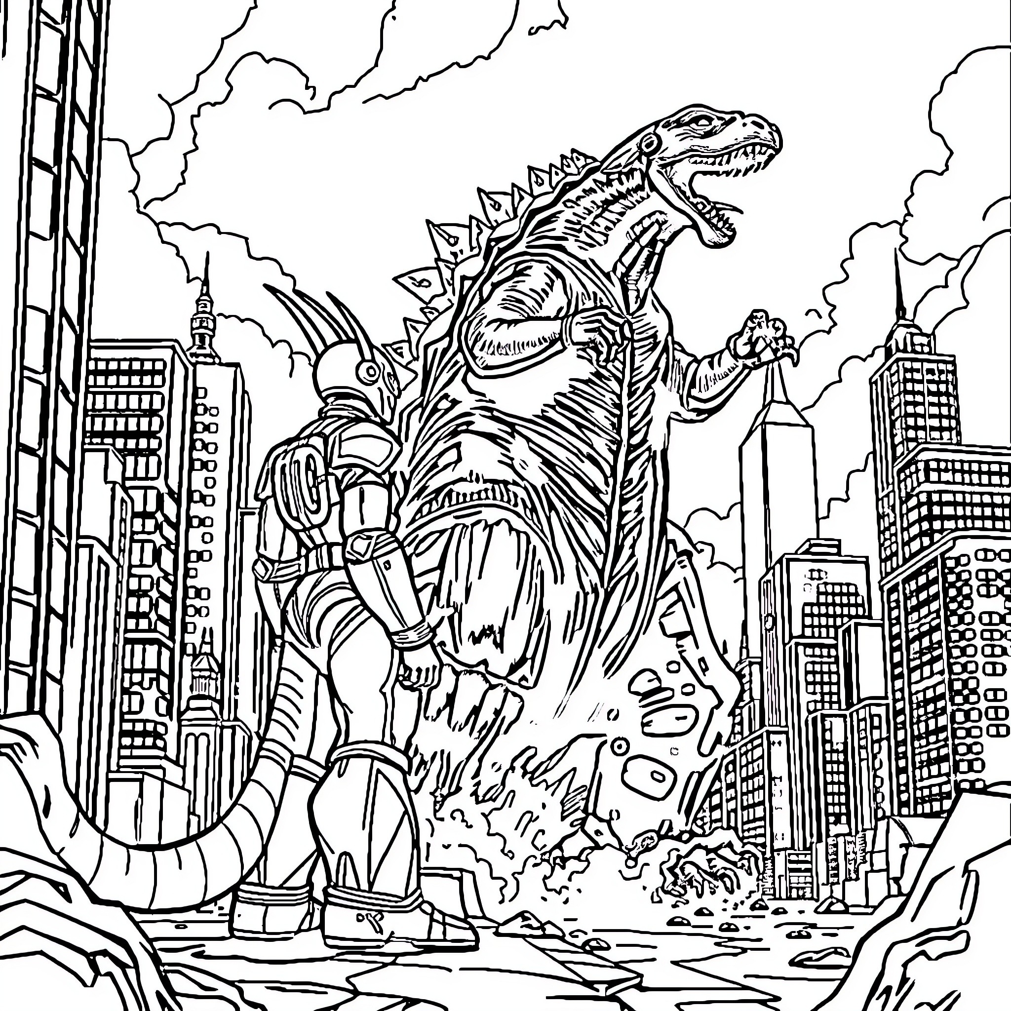 Ultraman defending the city from a giant monster attack Coloring Page (free black-and-white line drawing printable PDF for all, from beginners to advanced learners, including children, teens, adults, and seniors)