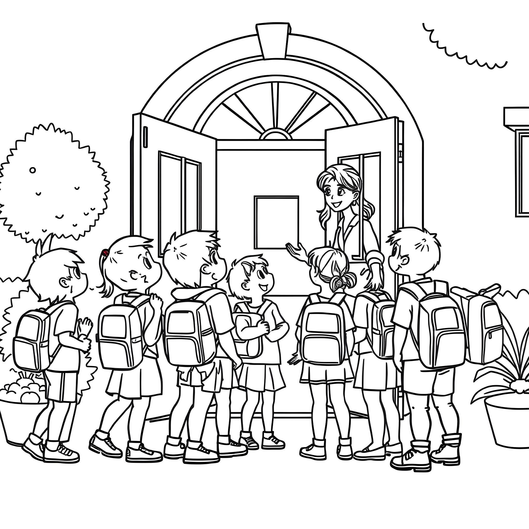 Kid teacher leading a group of students at school Coloring Page (free black-and-white line drawing printable PDF for all, from beginners to advanced learners, including children, teens, adults, and seniors)
