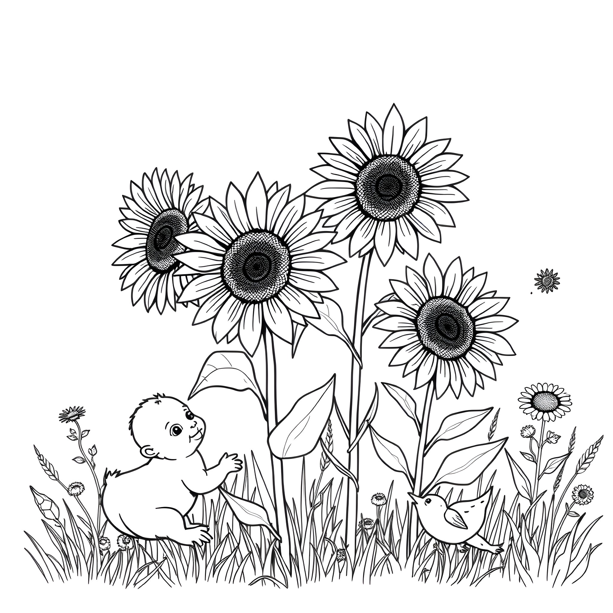 Sunflowers blooming with playful ducklings Coloring Page (free black-and-white line drawing printable PDF for all, from beginners to advanced learners, including children, teens, adults, and seniors)