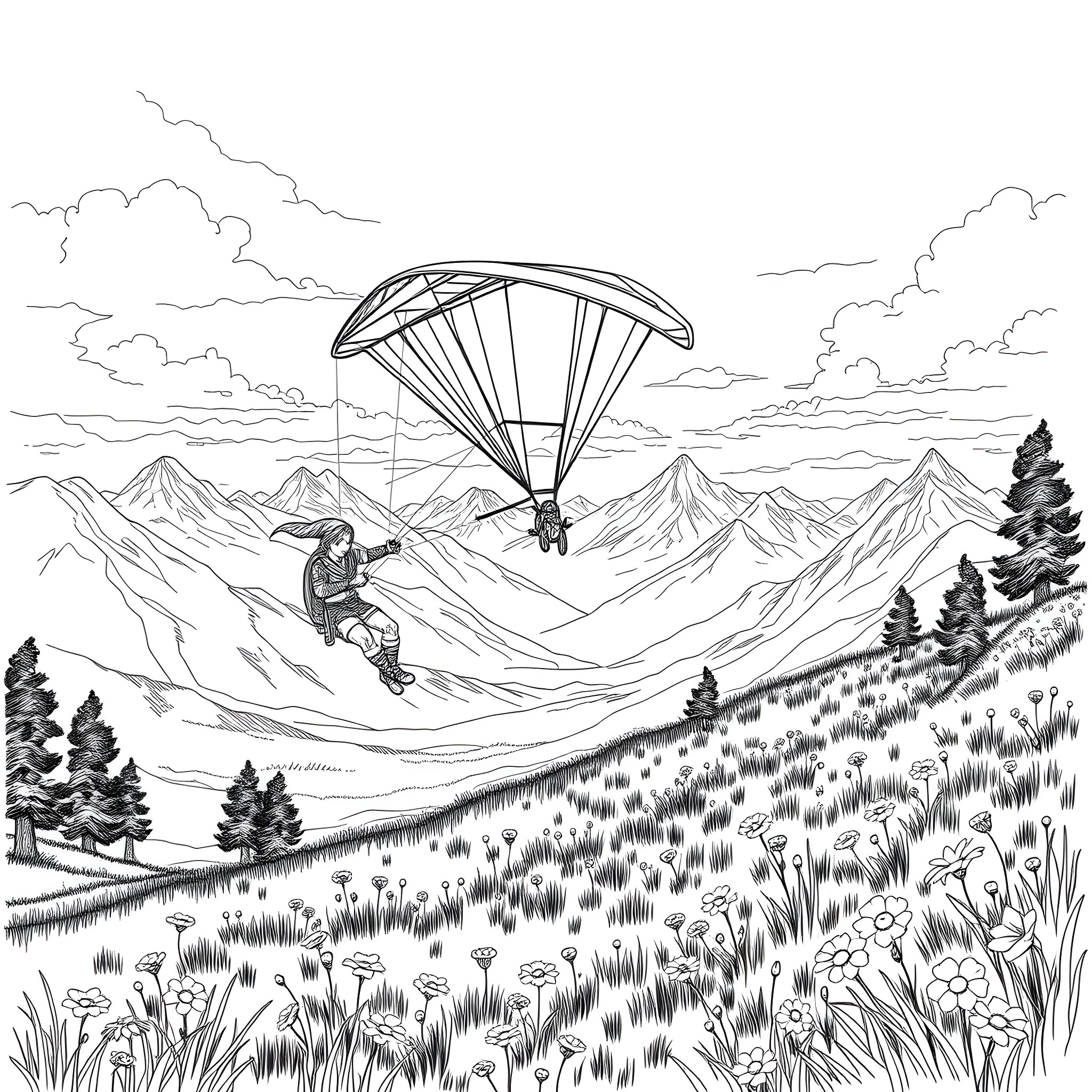 Link gliding through the mountain landscape Coloring Page (free black-and-white line drawing printable PDF for all, from beginners to advanced learners, including children, teens, adults, and seniors)