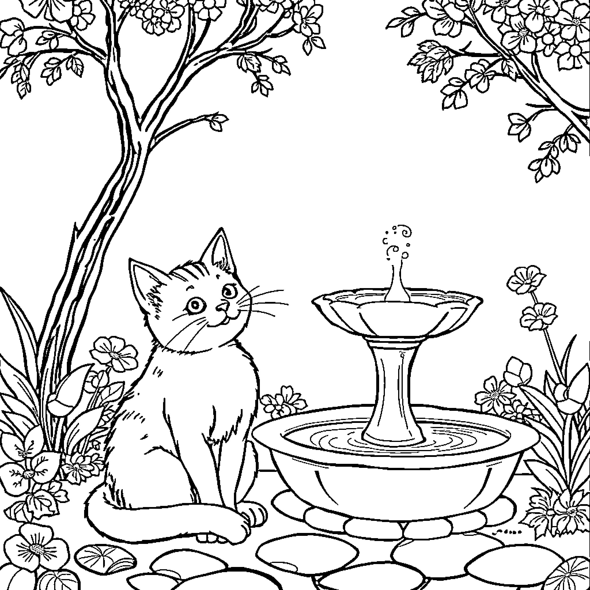 Cat in a Flower Garden by a Fountain Coloring Page (free black-and-white line drawing printable PDF for all, from beginners to advanced learners, including children, teens, adults, and seniors)