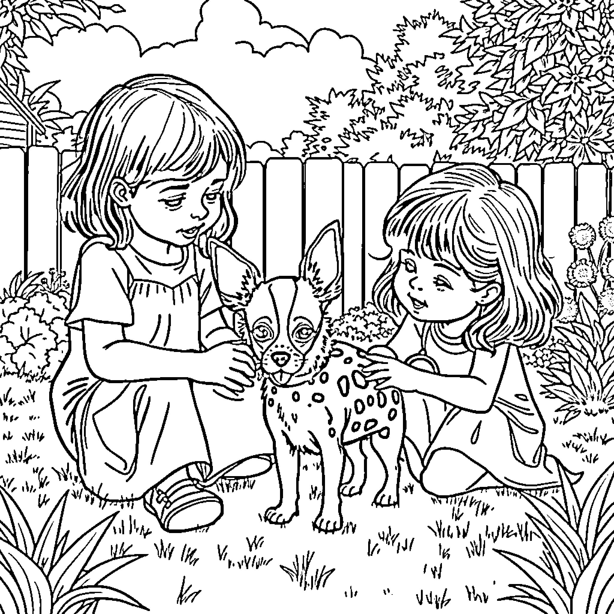 Chihuahua playing with girls in backyard Coloring Page (free black-and-white line drawing printable PDF for all, from beginners to advanced learners, including children, teens, adults, and seniors)