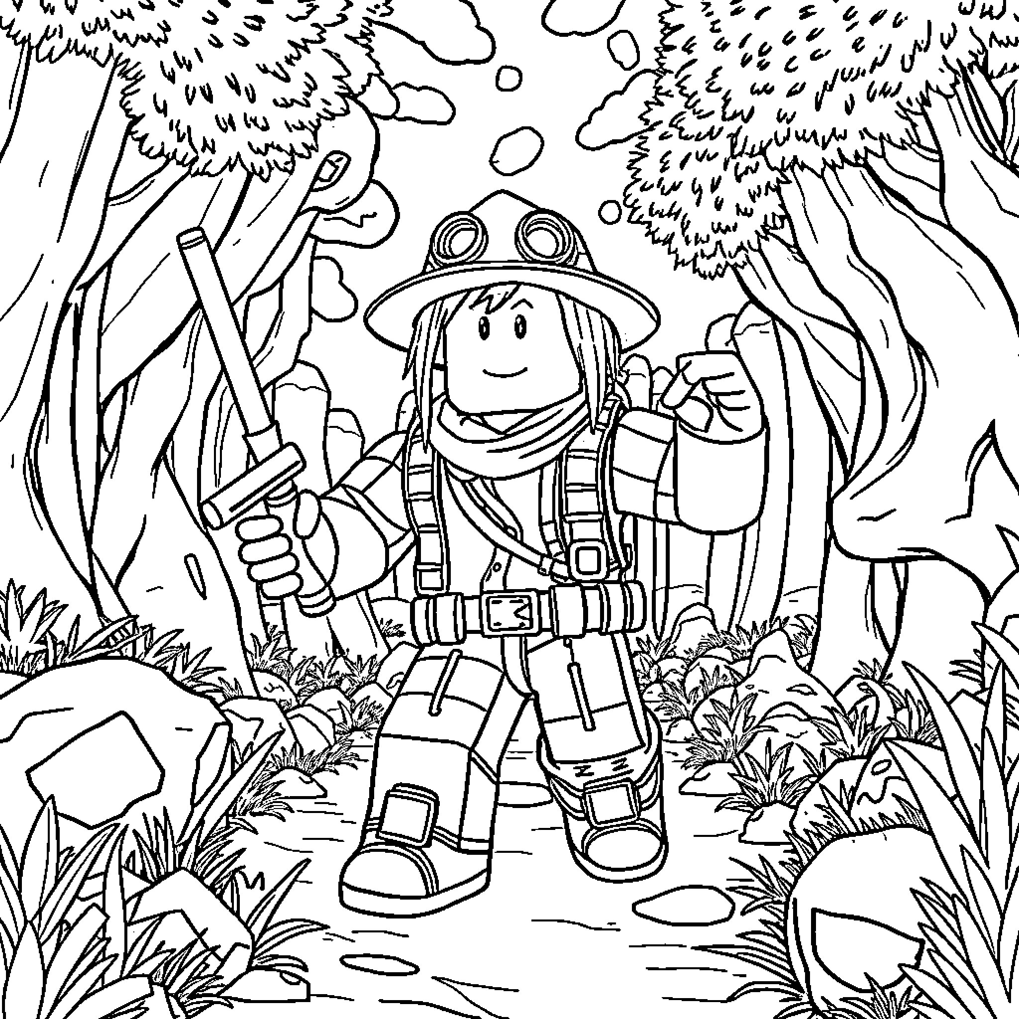 Creeper Explorer Navigating the Lush Wilderness Coloring Page (free black-and-white line drawing printable PDF for all, from beginners to advanced learners, including children, teens, adults, and seniors)