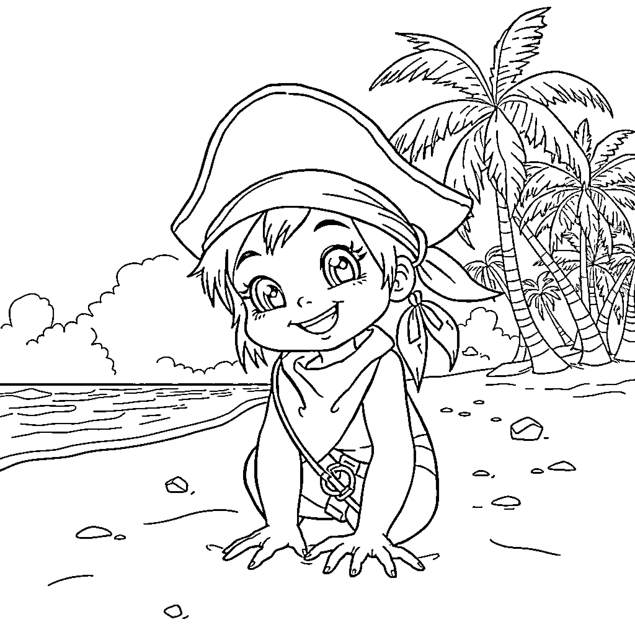 Pirate Girl Exploring Tropical Beach Adventure Coloring Page (free black-and-white line drawing printable PDF for all, from beginners to advanced learners, including children, teens, adults, and seniors)